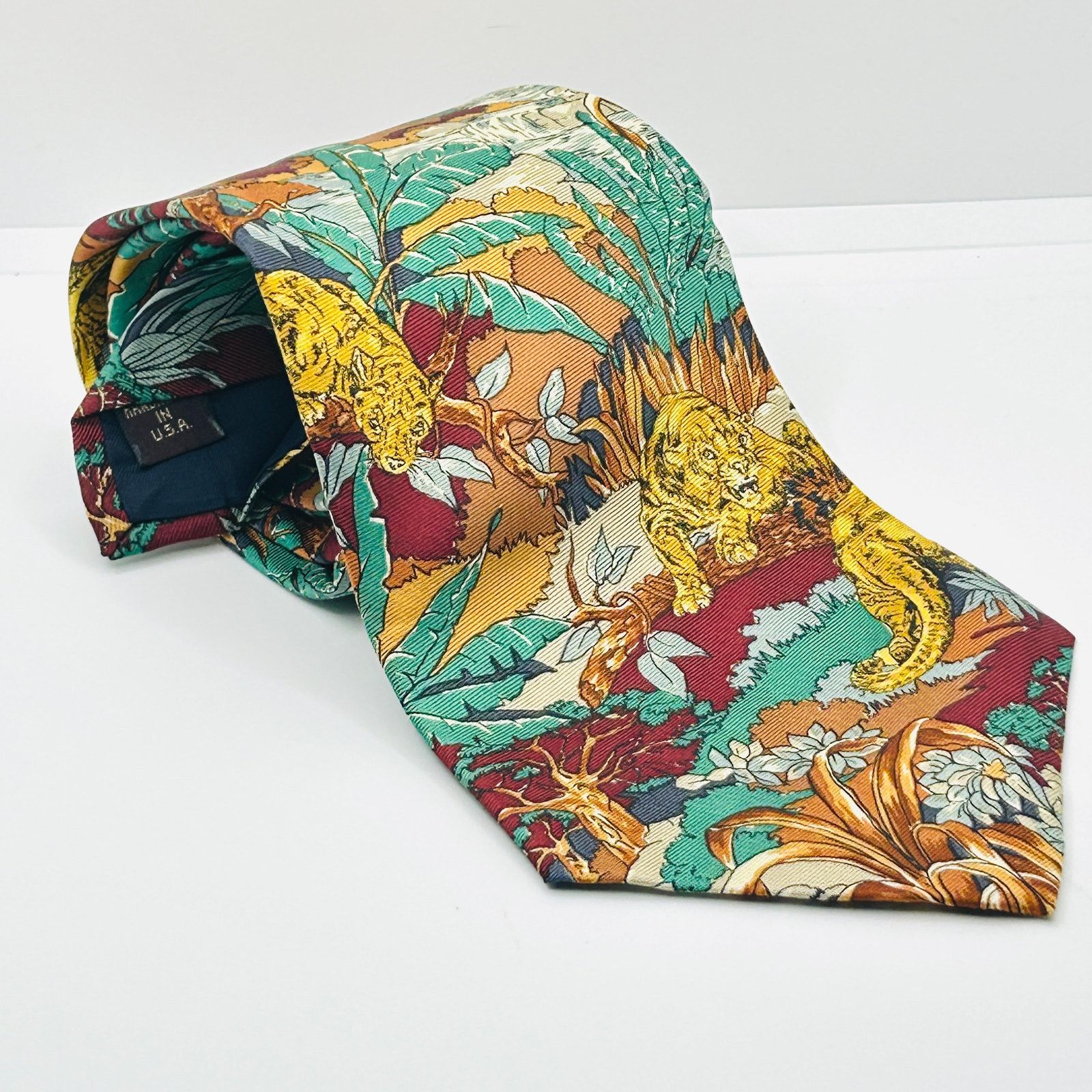 Vintage 90s Pure Silk Red Maroon Yellow Lion Tiger Print Necktie Size ONE SIZE - 1 Thumbnail