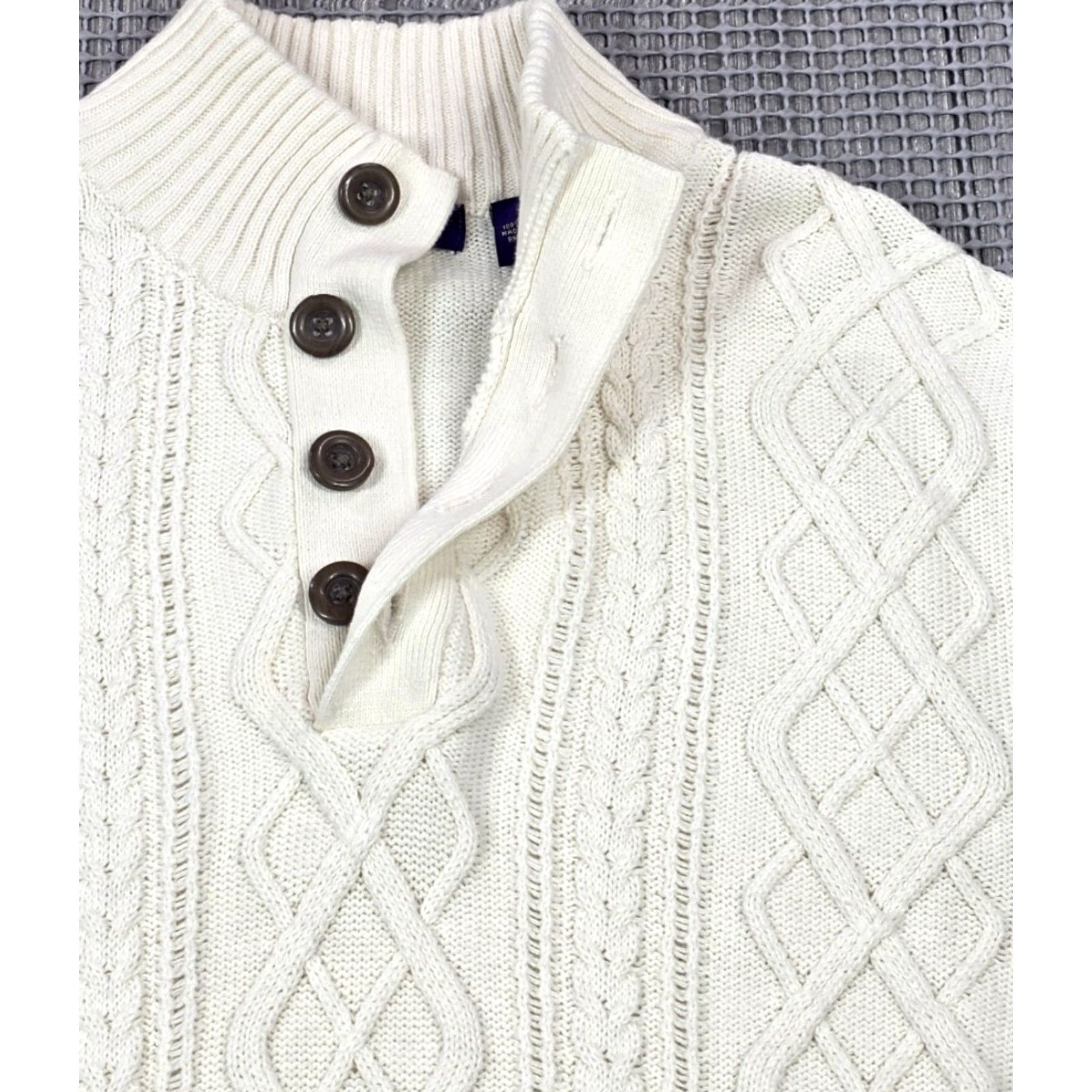 Vintage Alan Flusser Sweater Mens L Cable Knit Ivory Fair Isle Henley Collar Fisherman Size US L / EU 52-54 / 3 - 4 Thumbnail