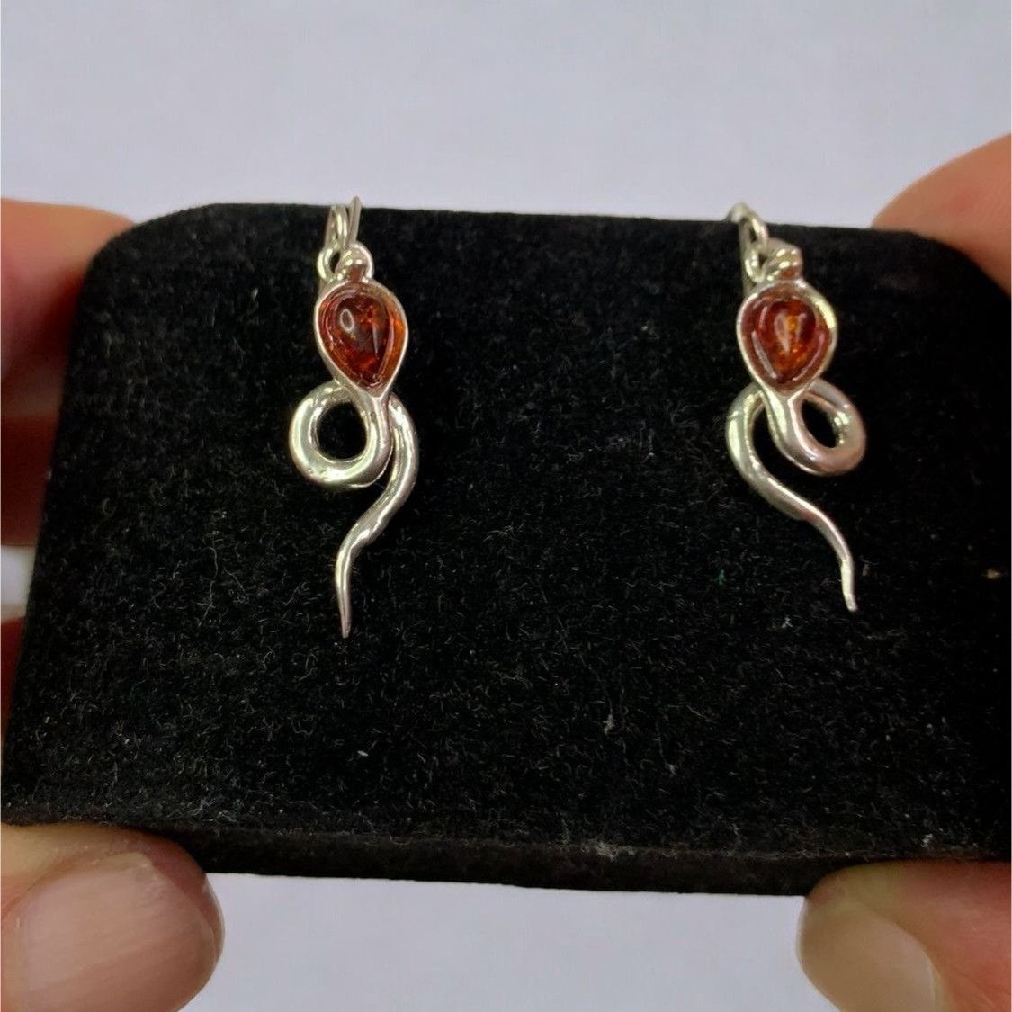 Designer Sterling Silver 925 Snake Drop Dangle Earrings With Amber Size ONE SIZE - 5 Thumbnail