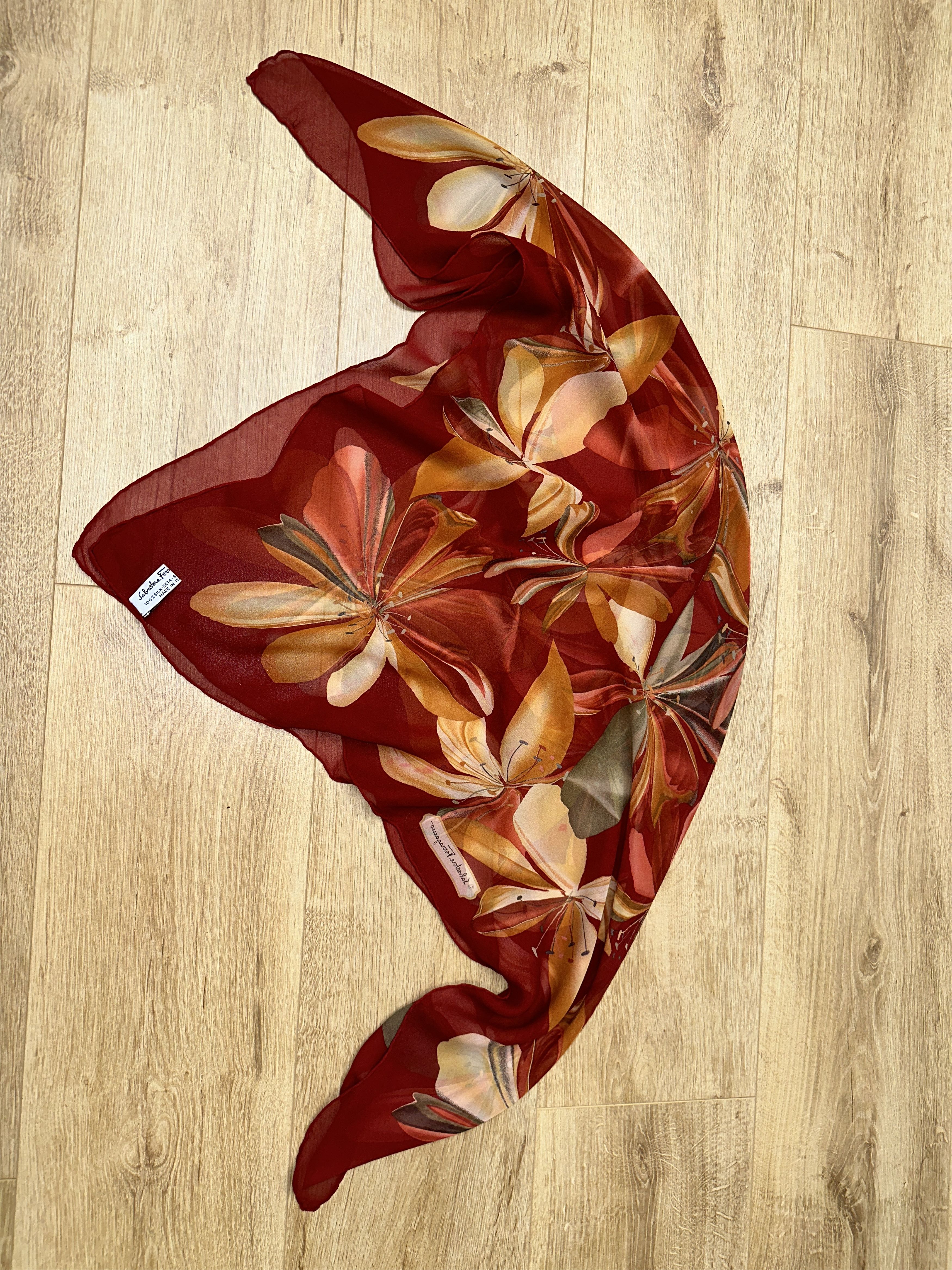 Salvatore Ferragamo Salvatore Ferragamo 100% Silk Floral Square Scarf Red 80cm Size ONE SIZE - 12 Thumbnail
