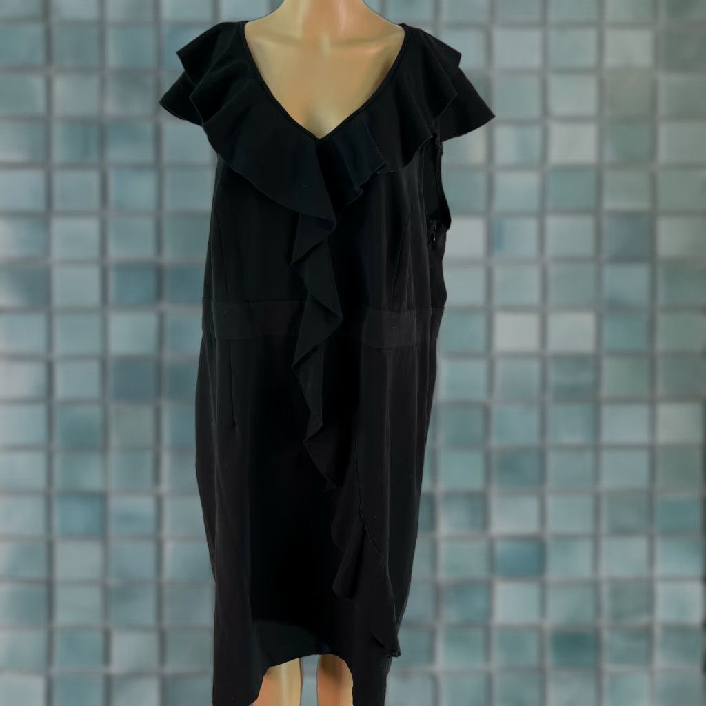Vintage Spense Black Gab Dress Size 20W V Neck Cap Sleeves Ruffle Front Sheath 20W Wom ens Size 3XL / US 20-22 - 1 Thumbnail
