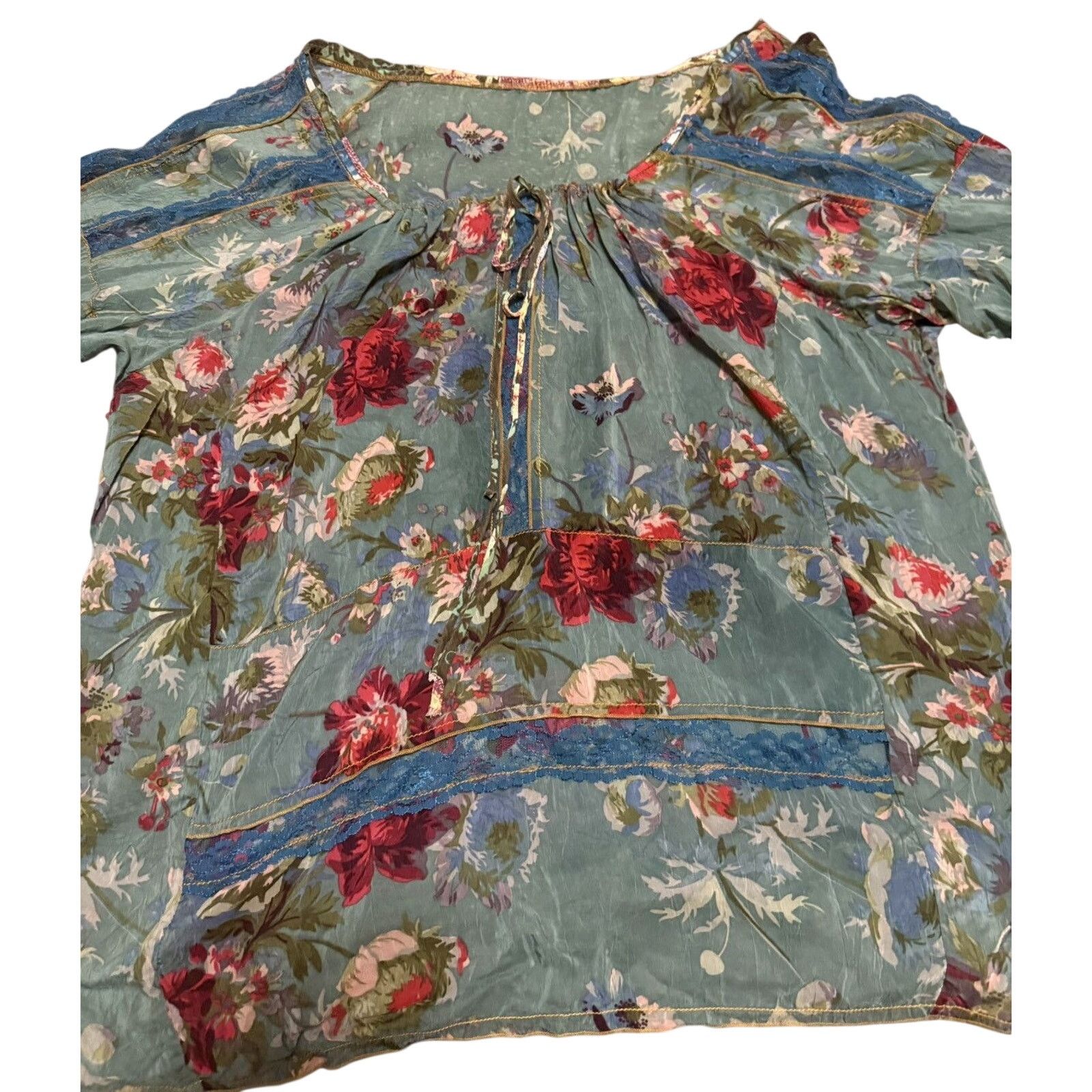 Johnny Was Multi Color Silk Long Sleeve Tunic with Lace Trim Size XL / US 12-14 / IT 48-50 - 9 Thumbnail