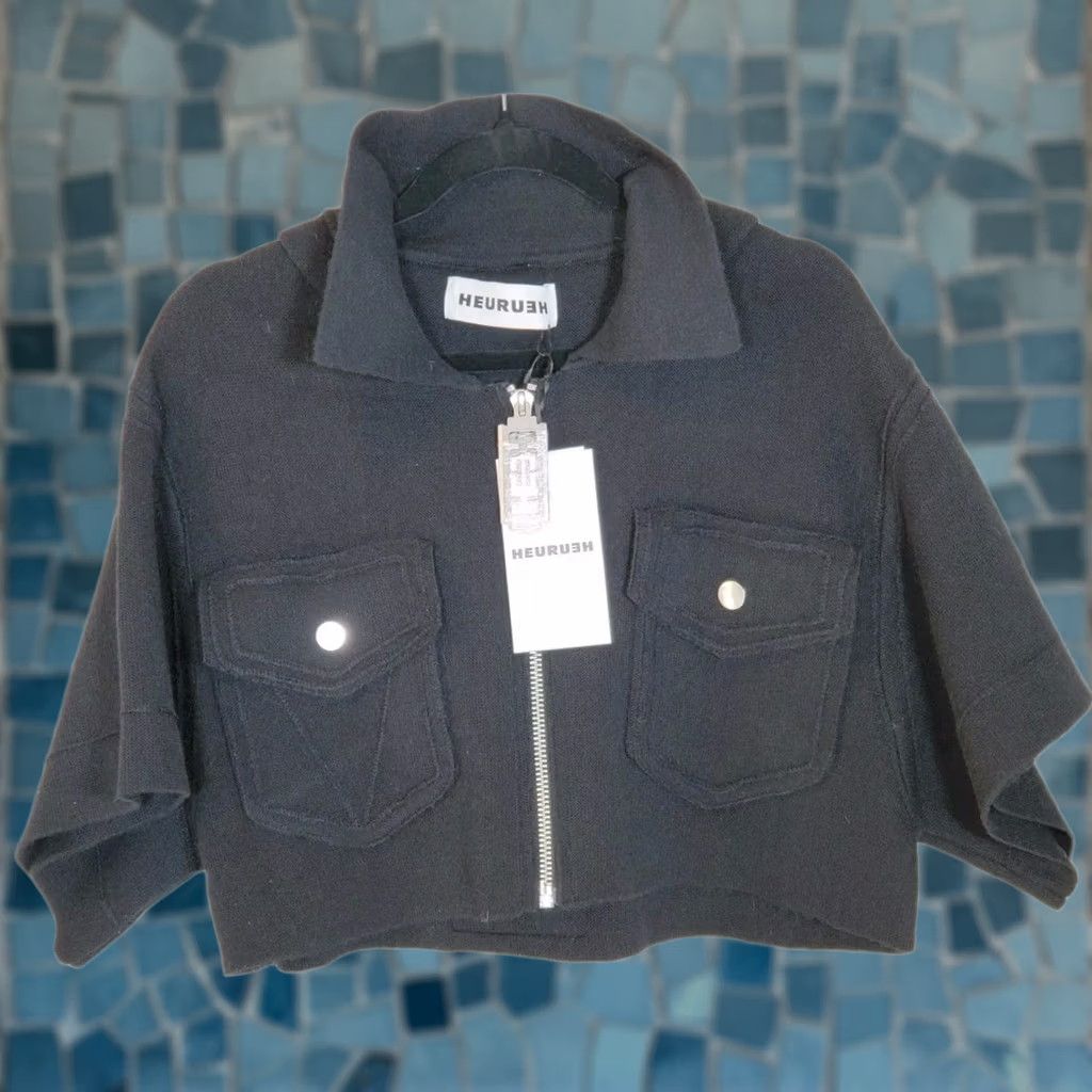 Vintage HEURUEH Jacket Womens S Black Hooded Full Zip Cropped Short Sleeve Knit Women New Size 28" / US 6 / IT 42 - 1 Thumbnail