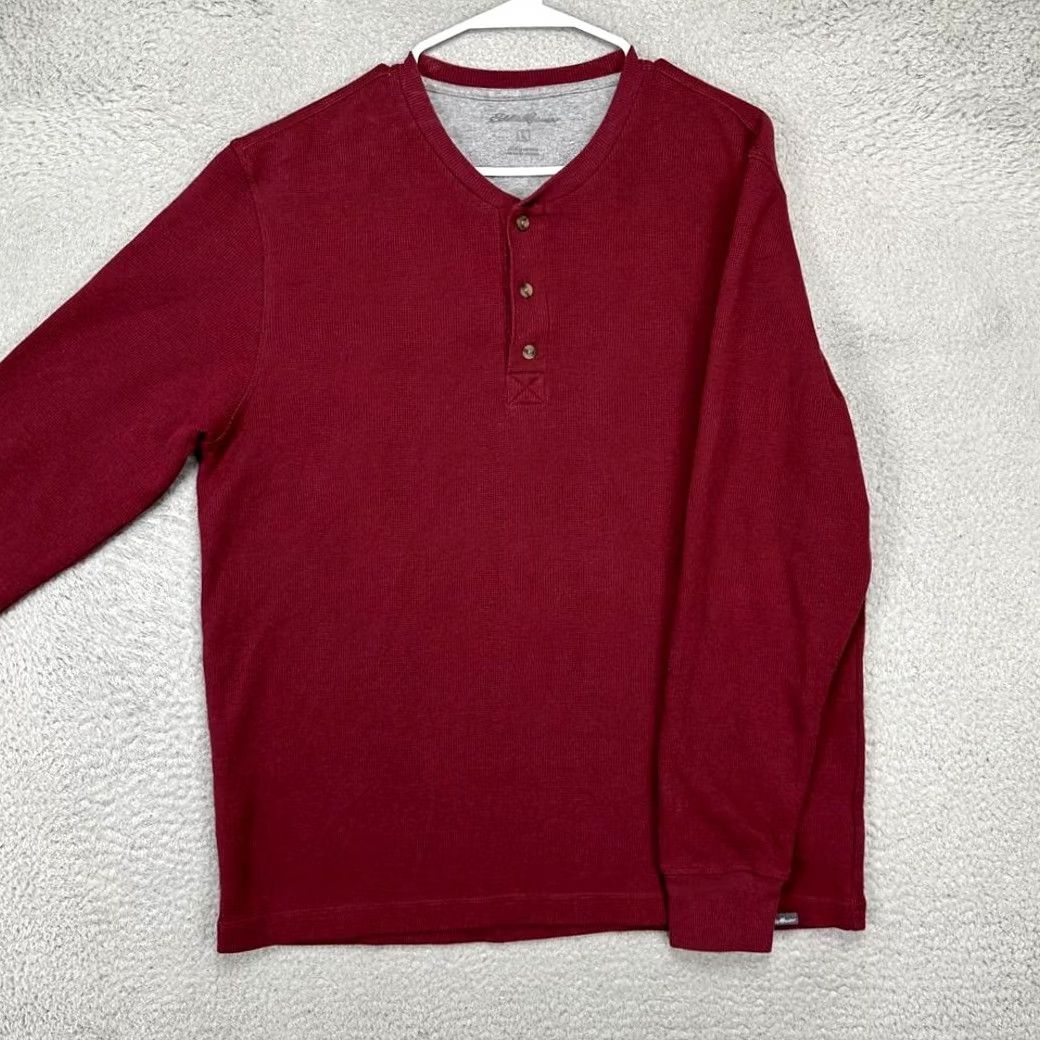 Eddie Bauer Eddie Bauer Sweater Pullover Mens Large Henley Thermal Waffle-Knit Red Maroon Knit Shirt Size US L / EU 52-54 / 3 - 4 Thumbnail