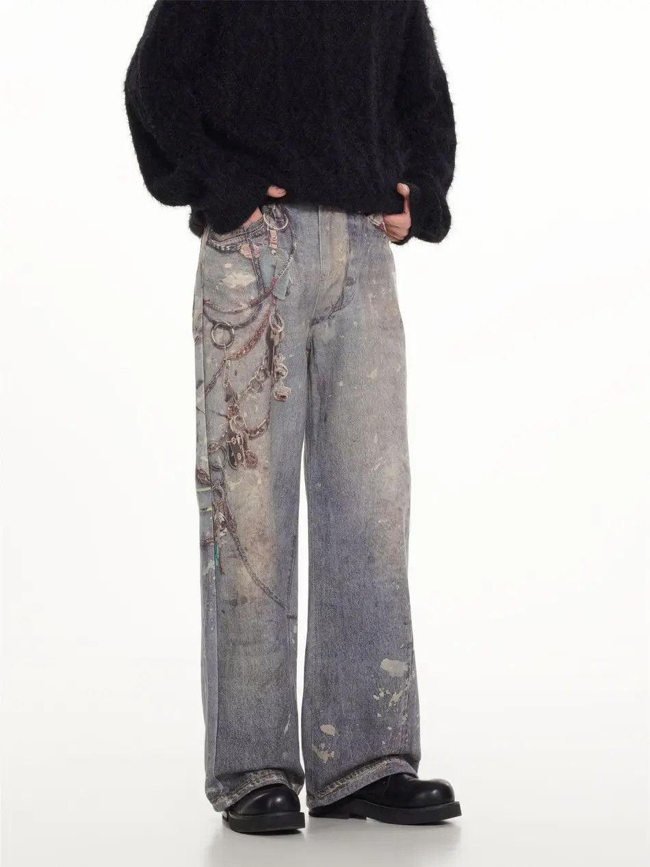 Japanese Brand × Jean Retro loose wide leg printed chain jeans Size US 32 / EU 48 - 2 Thumbnail