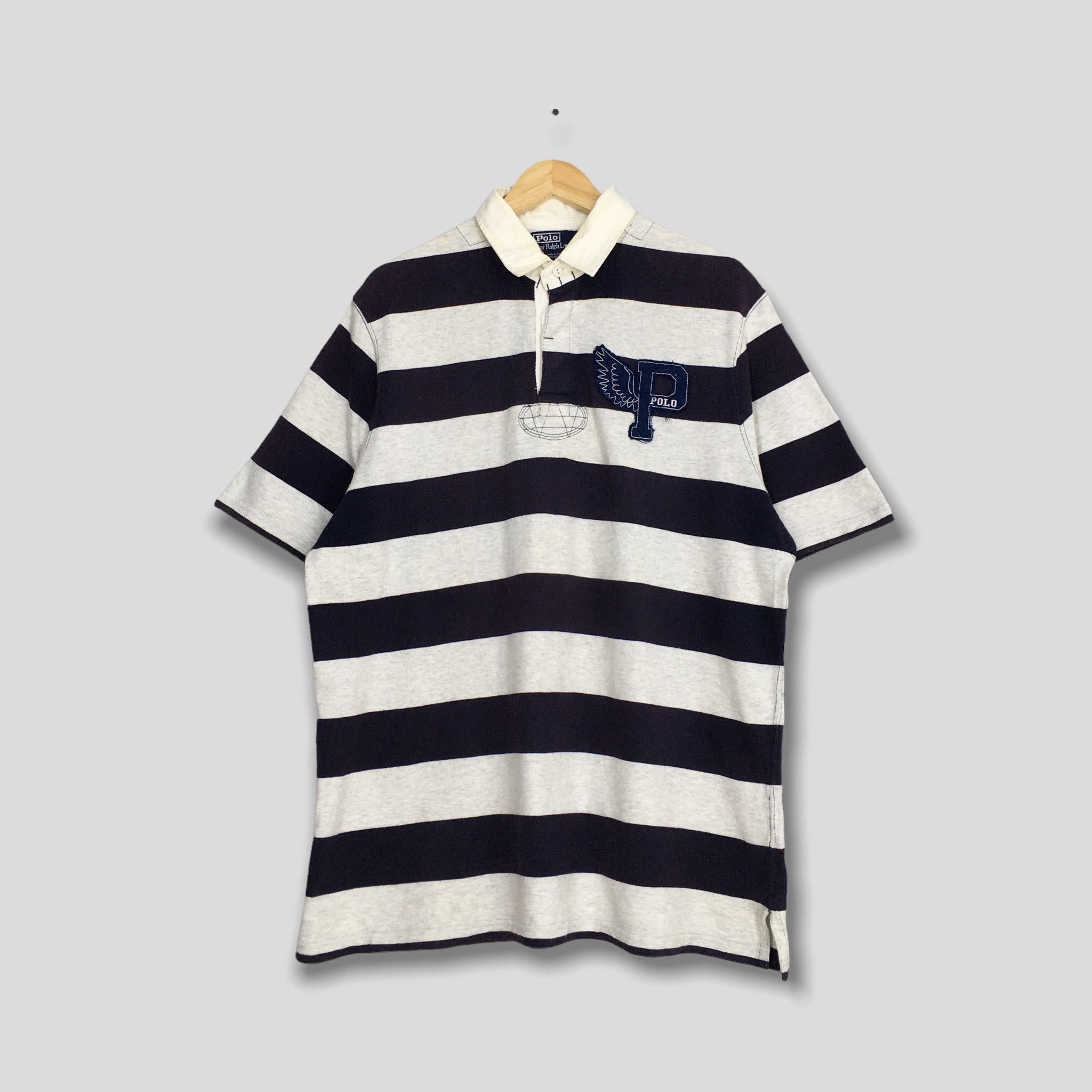 image of Vintage 90's Polo Ralph Laurent Rugby Stripes Shirt Men Large in Blue (Size Medium)