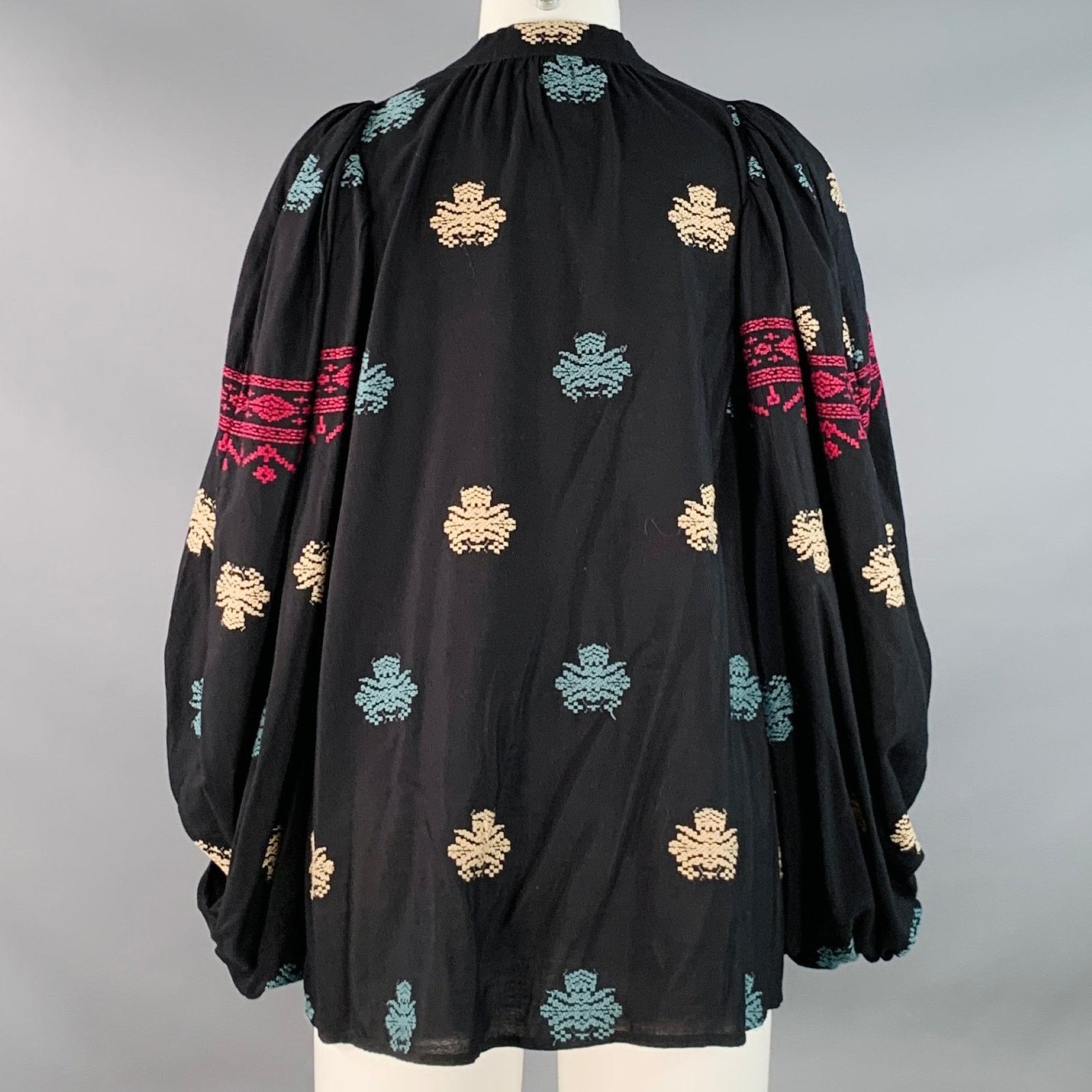 Vanessa Bruno Black Multi Color Cotton Embroidered V-Neck Tunic Blouse Size XS / US 0-2 / IT 36-38 - 4 Thumbnail