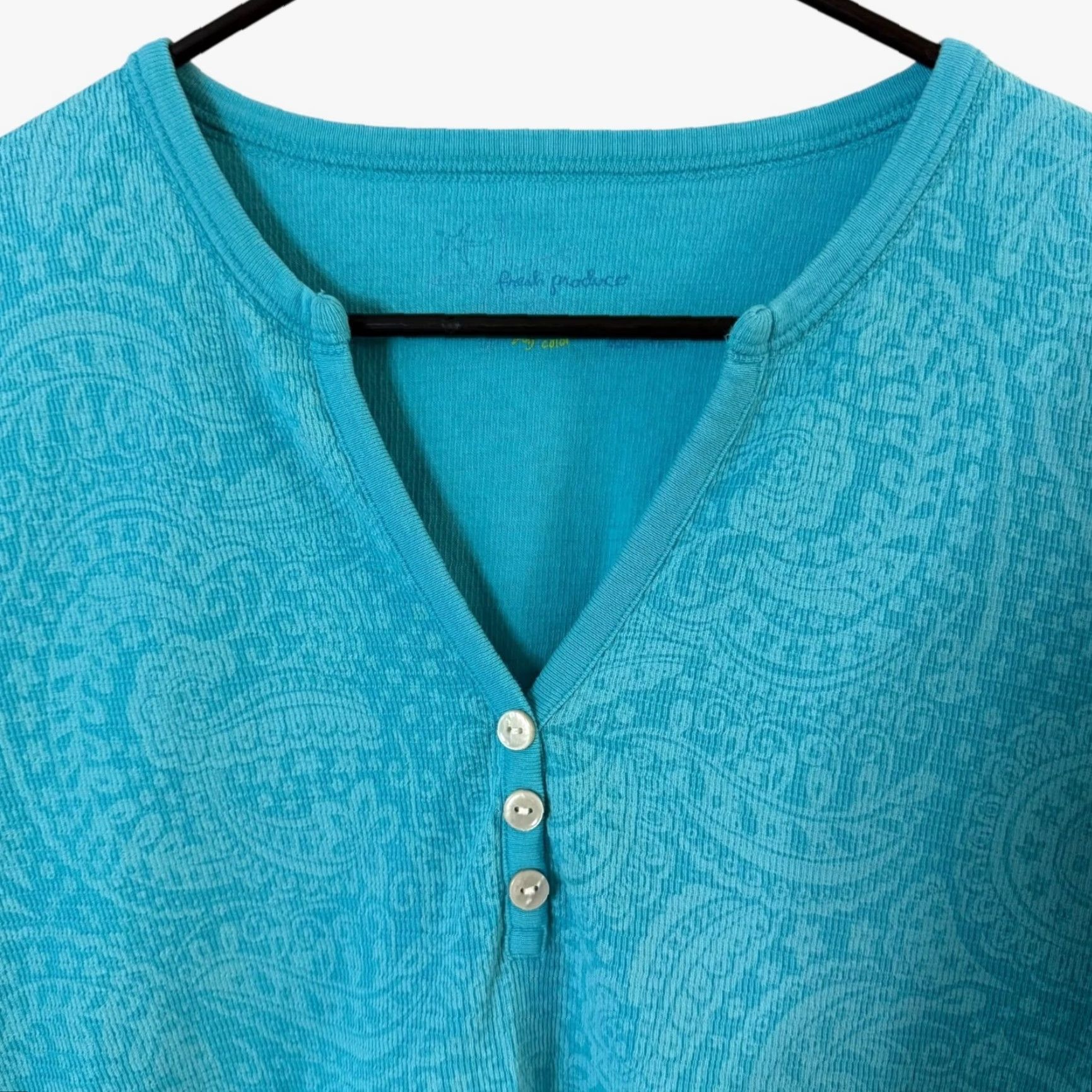 Vintage Fresh Produce 3/4 Sleeve Paisley Print V-Neck Henley Shirt Women's Large Blue Size L / US 10 / IT 46 - 5 Thumbnail
