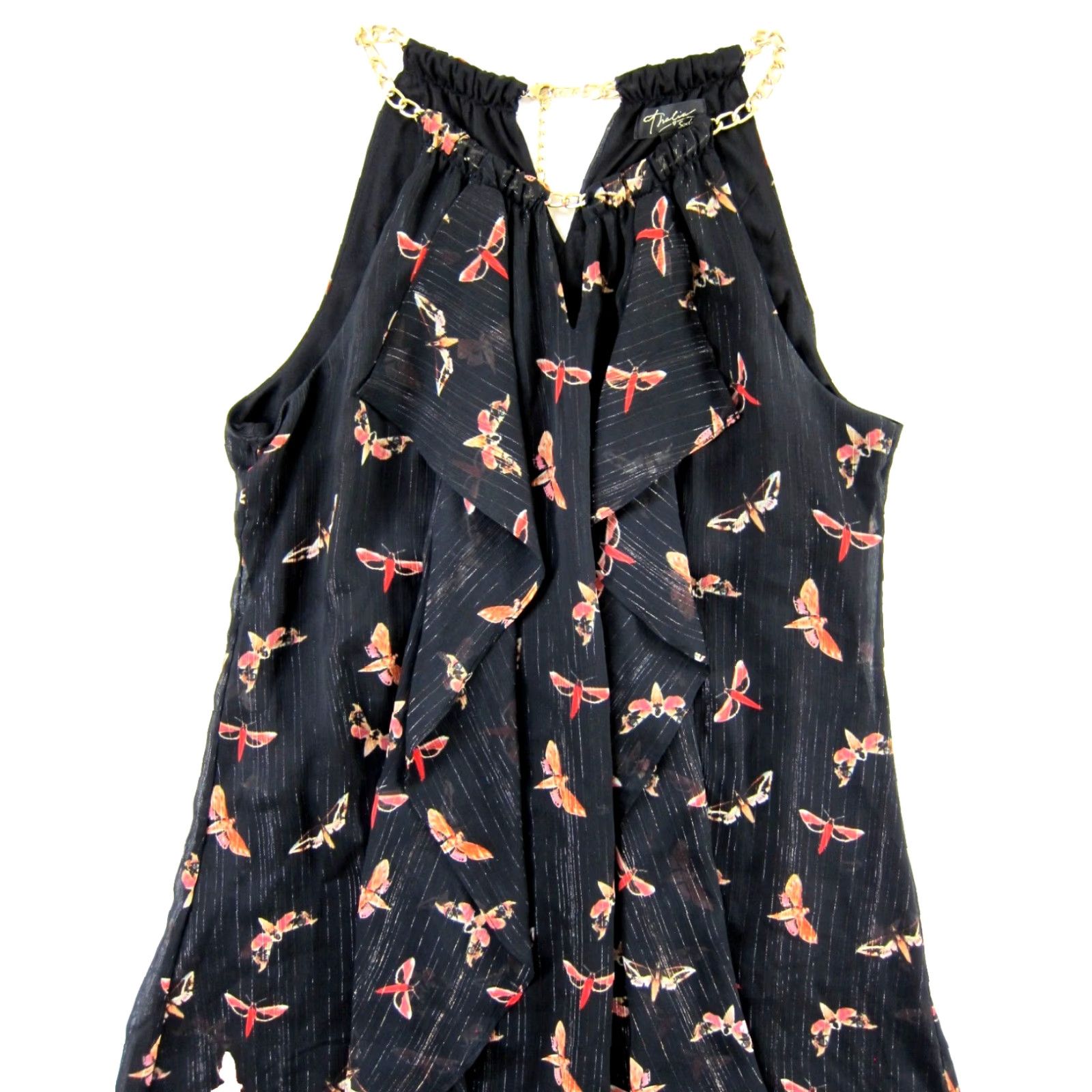 Vintage Thalia Sodi High Neck Black L Dress L Maxi Midi Layered Bohemian High Neck Gold Chain Sleeveless, Strap, Moth Animal Print Shirt Dress Women's/Womens Size L / US 10 / IT 46 - 4 Thumbnail