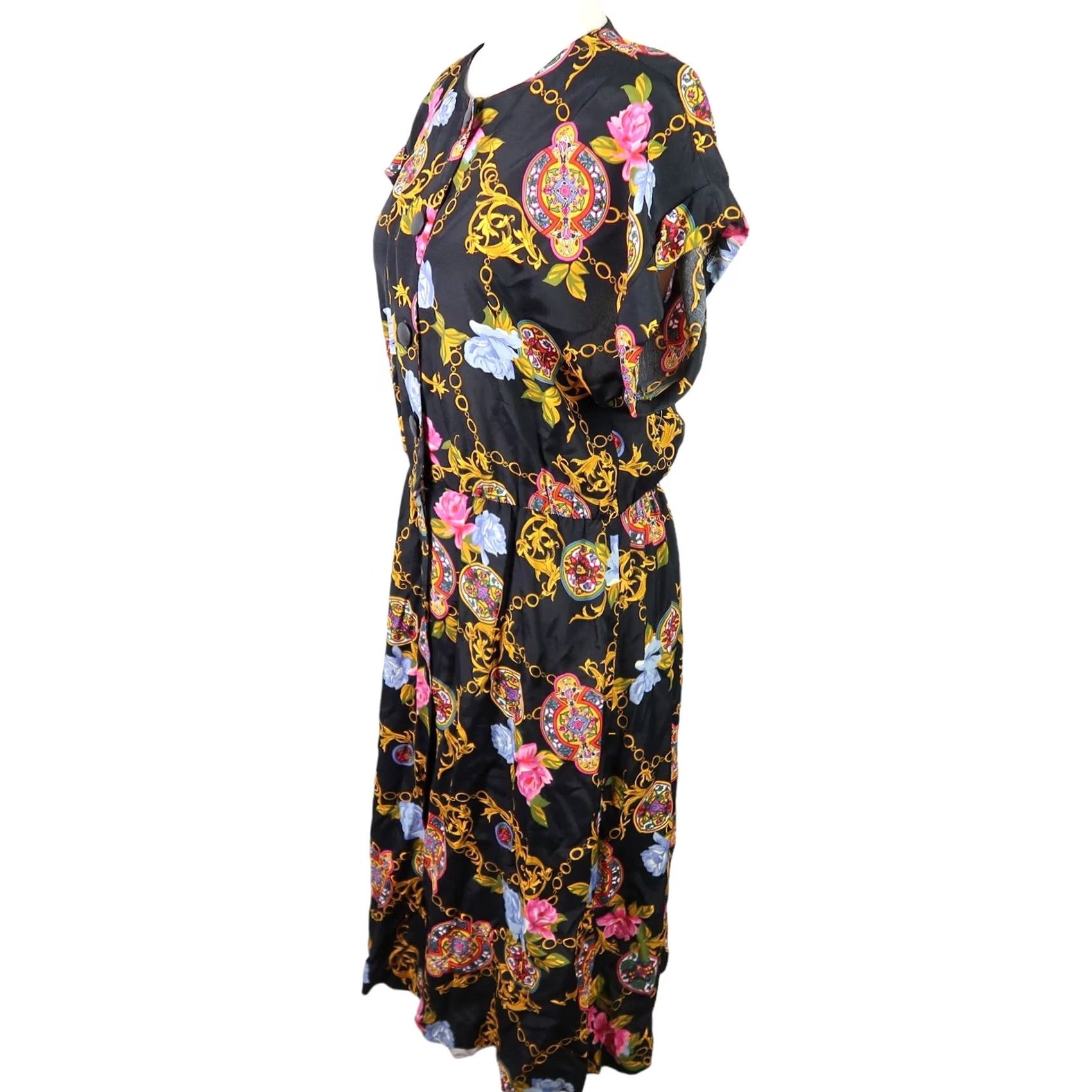 Vintage VINTAGE Laine Shirt Dress Midi 8 Black Pink Rose Floral Chain Print 80s Bohemian Short Sleeve Pockets Size M / US 6-8 / IT 42-44 - 3 Thumbnail