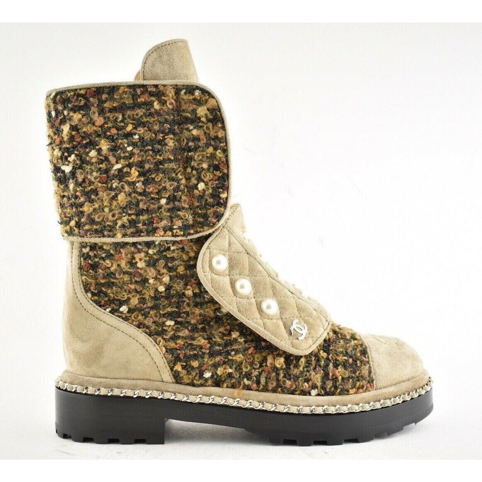 Chanel Chanel 18K Citizen Brown Beige Green Tweed CC Chain Pearl Size US 4.5 / IT 34.5 - 1 Thumbnail
