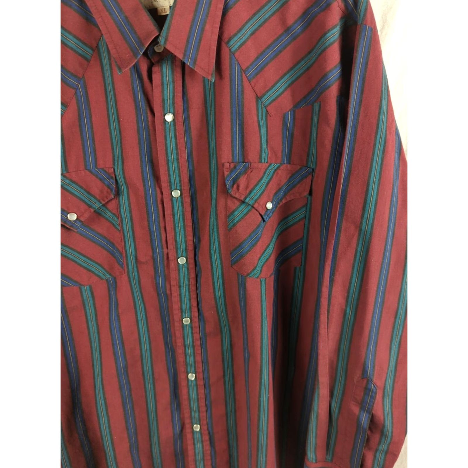 Vintage VINTAGE Ely Cattleman Button-Up Shirt Western Mens XL Burgundy Green Pearl Snap Snap Buttons Collared Striped Pattern Cowboy Dress Shirt Size 46R - 2 Thumbnail