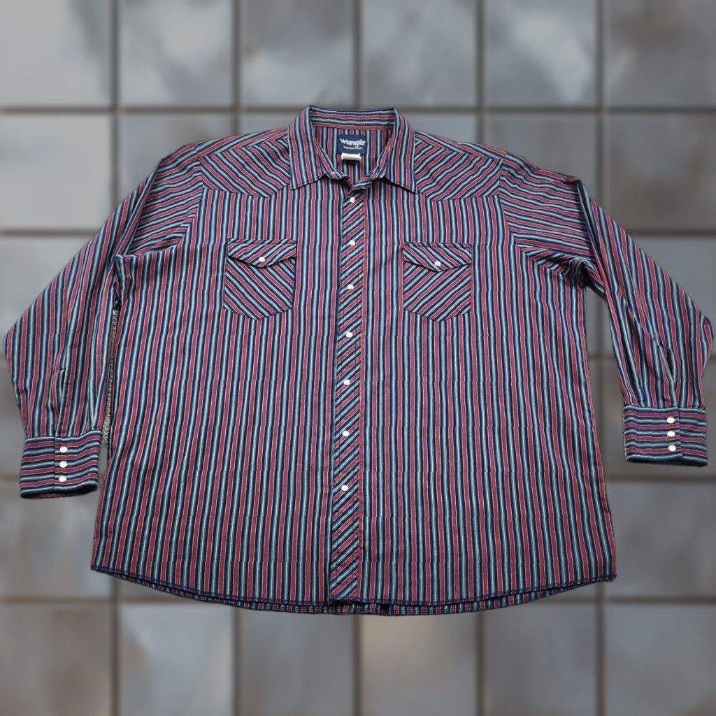 Wrangler VINTAGE Wrangler Western Shirt Mens 3XLT Blue Red Striped Pearl Snap Long Sleeve Yoke Shirt Size US XXL / EU 58 / 5 - 1 Thumbnail