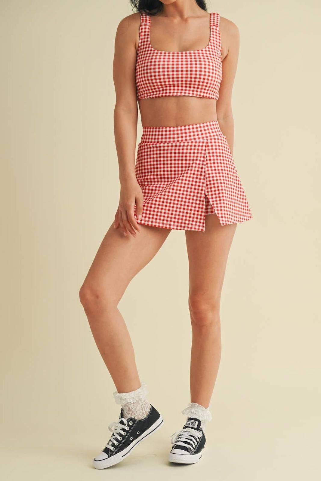 Christian Kimber Gingham Print Side Slit A-Line Skort with Pocket by Kimberly Size ONE SIZE - 12 Thumbnail
