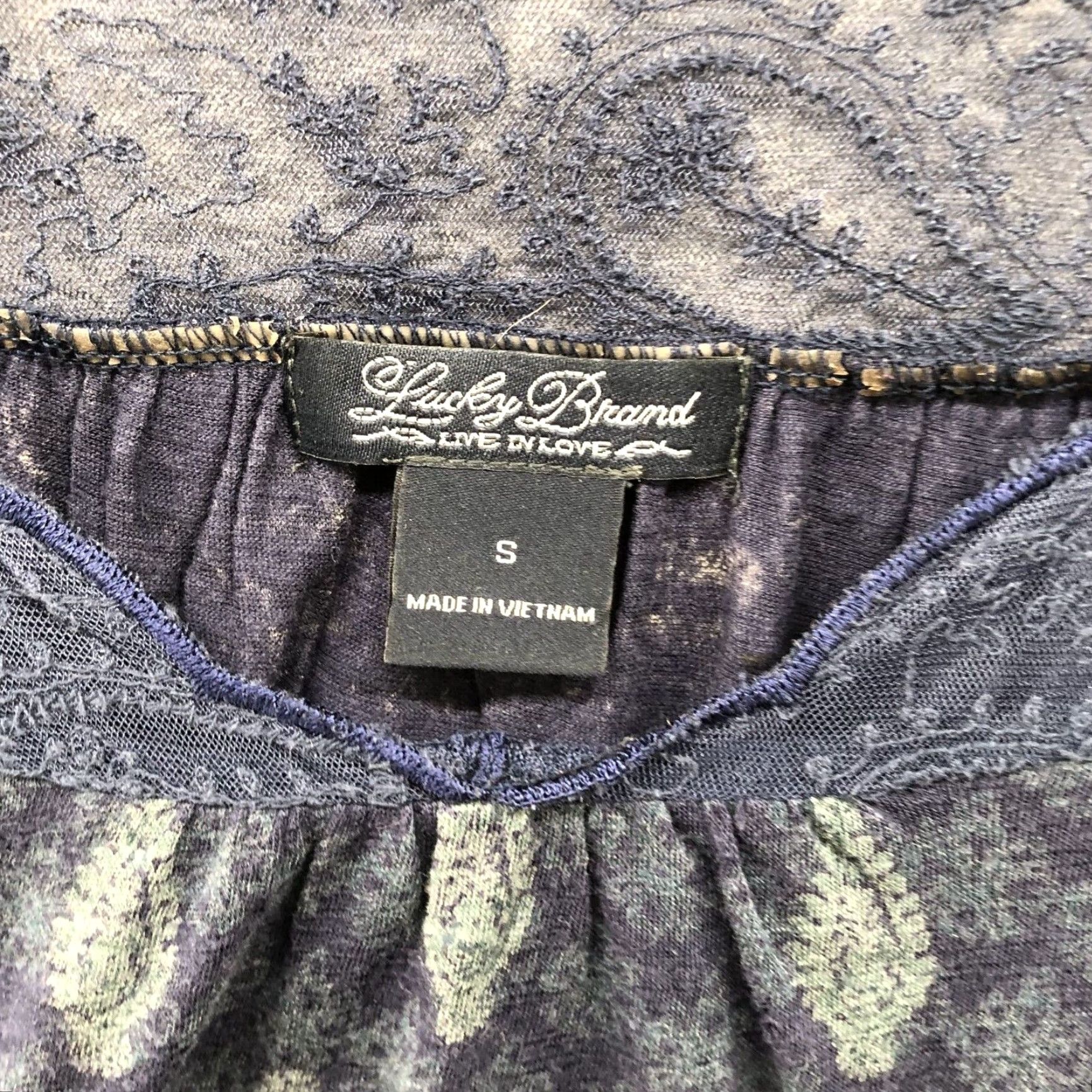 Lucky Brand Lucky Brand Boho Top Womens S Navy Blue 3/4 Sleeve V-Neck Paisley Print Cotton Blend Size S / US 4 / IT 40 - 6 Thumbnail