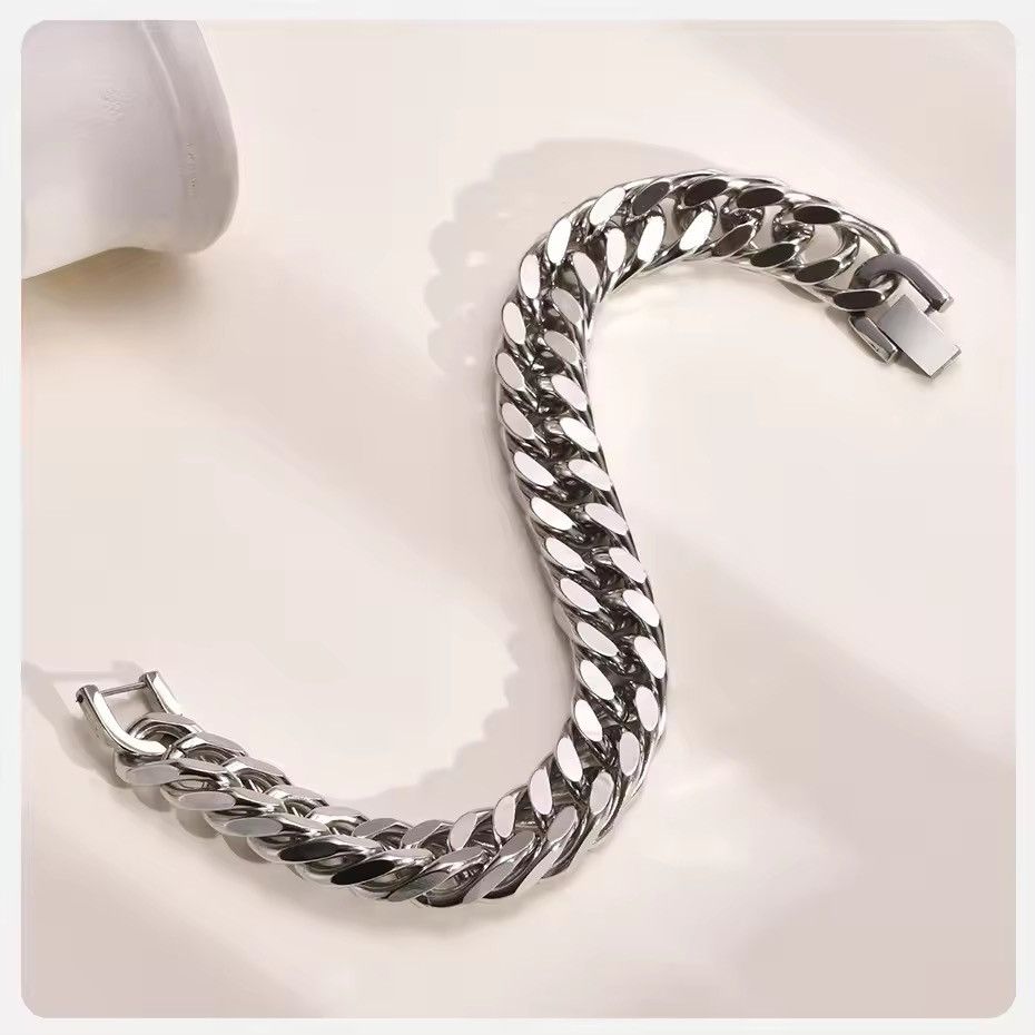 Japanese Brand 15MM Width Stainless Steel Cuban Chain Bracelets 21 cm Size ONE SIZE - 6 Thumbnail