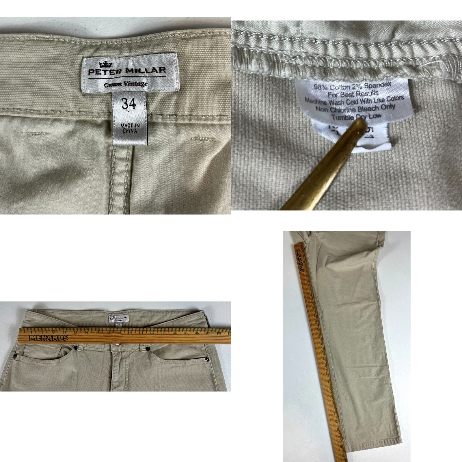 Peter Millar Peter Millar Crown Vintage Pants Men Chino Beige 34x29 Canvas 98% Cotton 2% Spandex Front Flat Regular Style Preppy Belt Loops Pocket Straight Mens Size US 34 / EU 50 - 8 Thumbnail