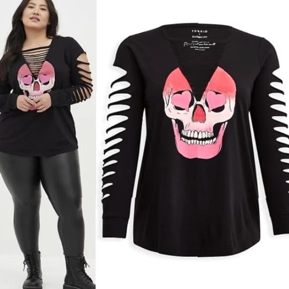 Torrid Torrid T-Shirt 1X Black Love Skull Tee WOMEN Plus Size Crew Neck Long Sleeve Cotton Blend Knit Basic Skull Size XL / US 12-14 / IT 48-50 - 7 Thumbnail