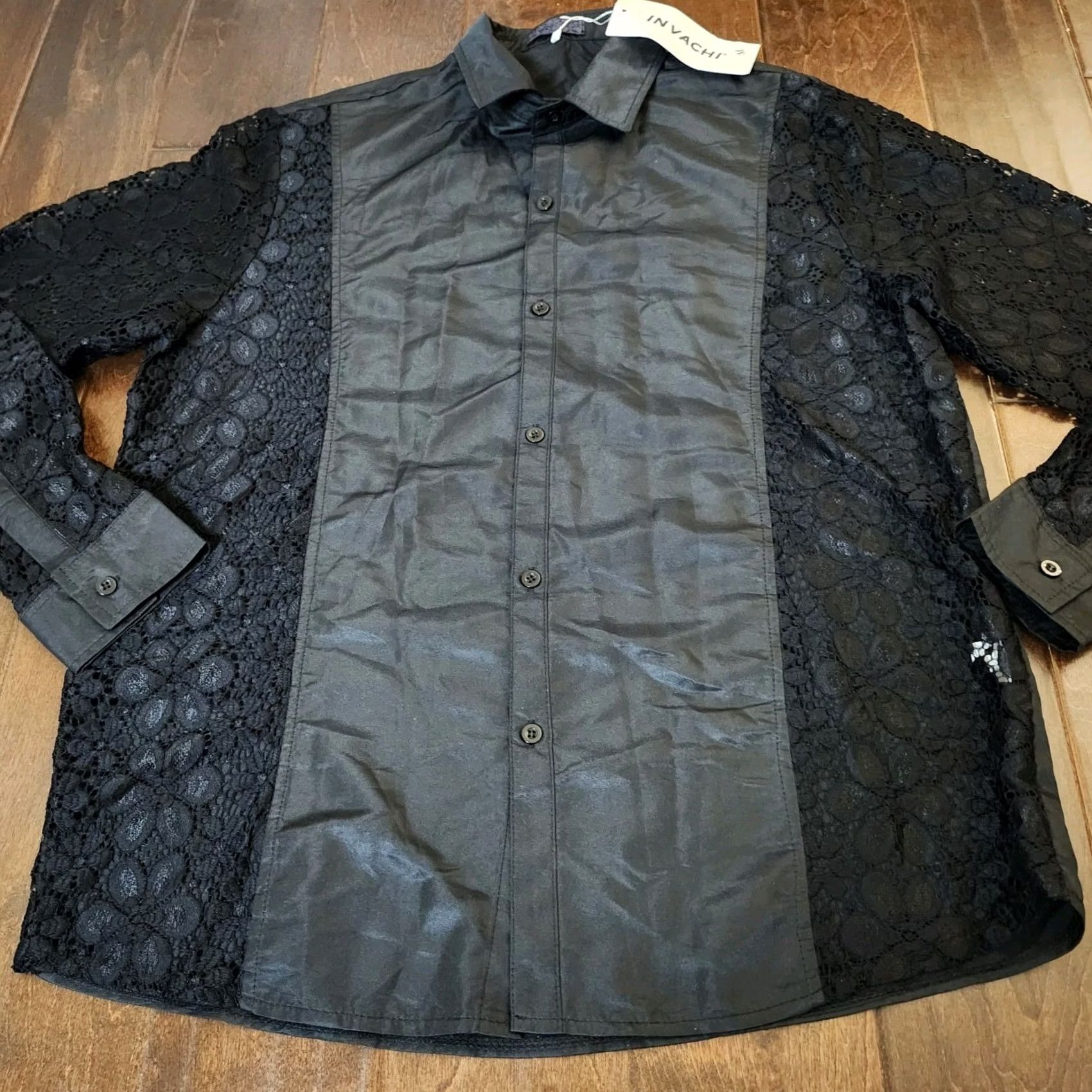 Shein SheIn Men’s Black Floral Laced Button-Up Shirt - Size M, Long Sleeve, Polyester Spandex, Casual Formal Business, Regular Fit Size US M / EU 48-50 / 2 - 6 Thumbnail