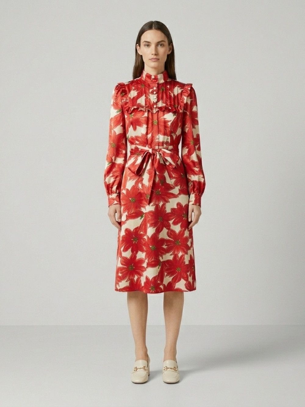 Vintage Vintage Poinsettia Floral Long Sleeve Midi Dress - XS 🎅🏼 Size XS / US 0-2 / IT 36-38 - 1 Thumbnail