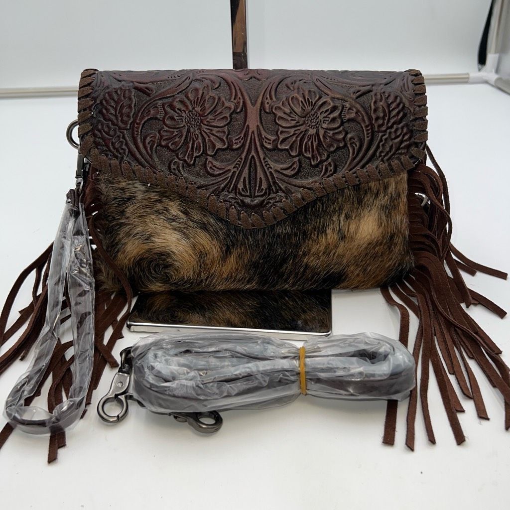 Tooled Genuine Leather and Calf Hair Suede Fringe Crossbody/ Wristlet