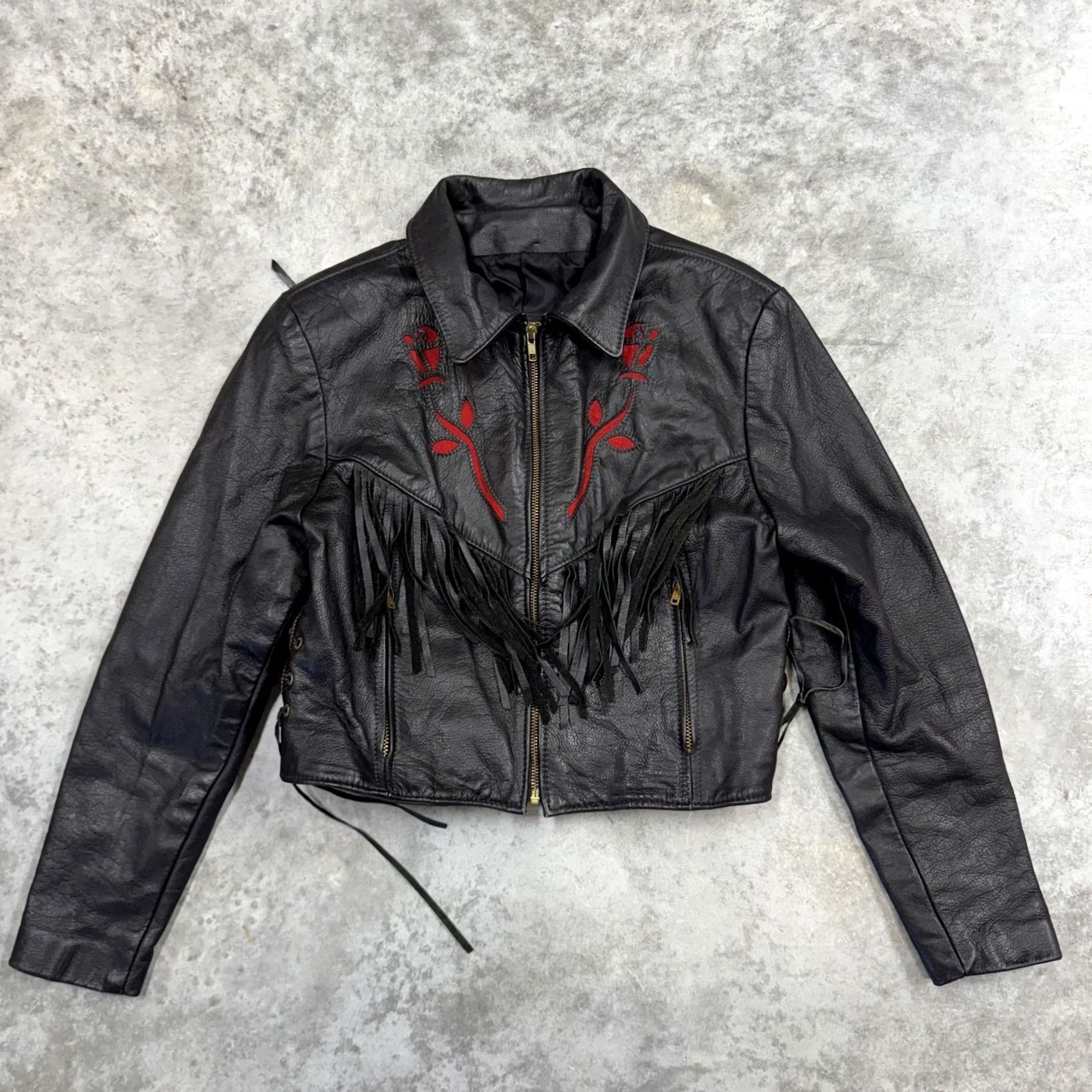 Vintage Protech Leather Jacket Girls S Black Fringe Embroidered Rose Made USA Western Motorcycle Jacket Size S / US 4 / IT 40 - 2 Thumbnail