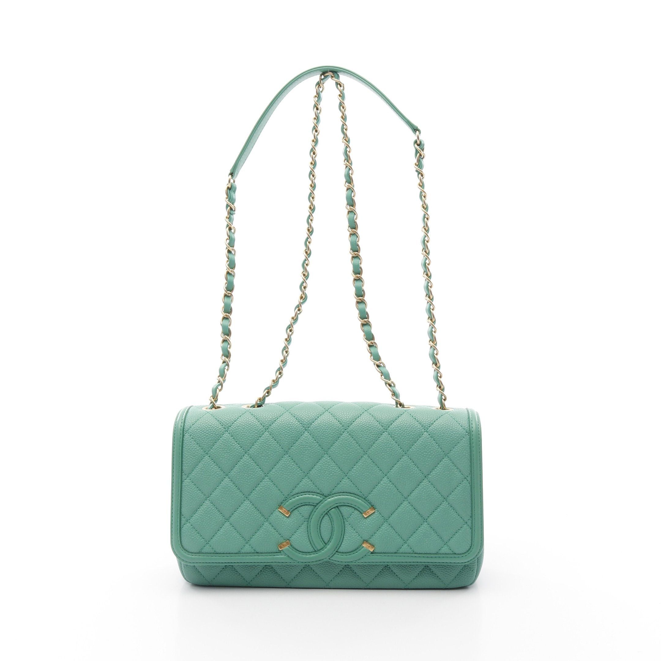 Chanel Cc Filigree Chain Shoulder Bag Caviar Skin Green Gold Hardware, Women's