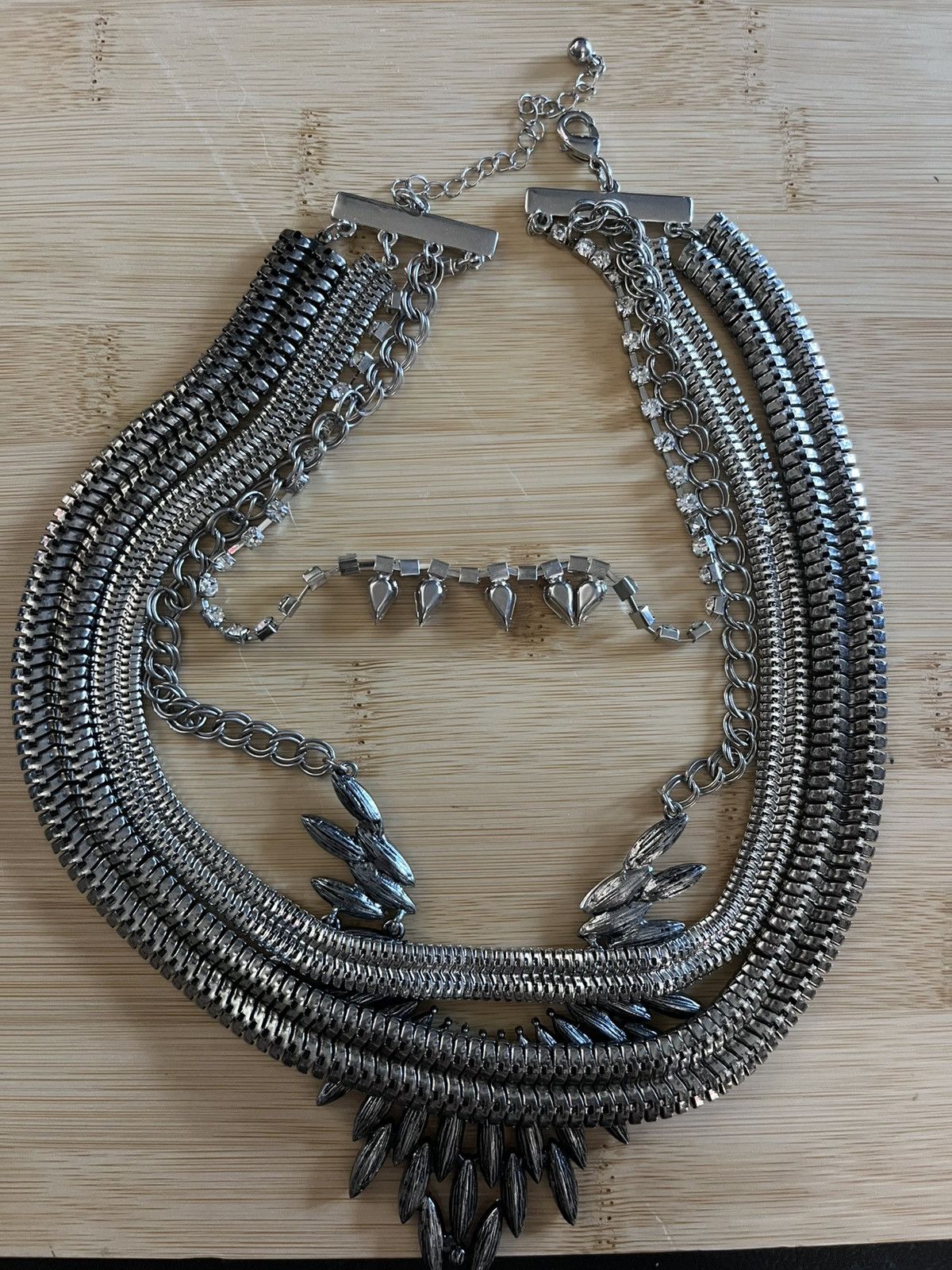 Other Chunky Silver Crystal Marquise Bib Necklace Multi Chain Size ONE SIZE - 7 Thumbnail