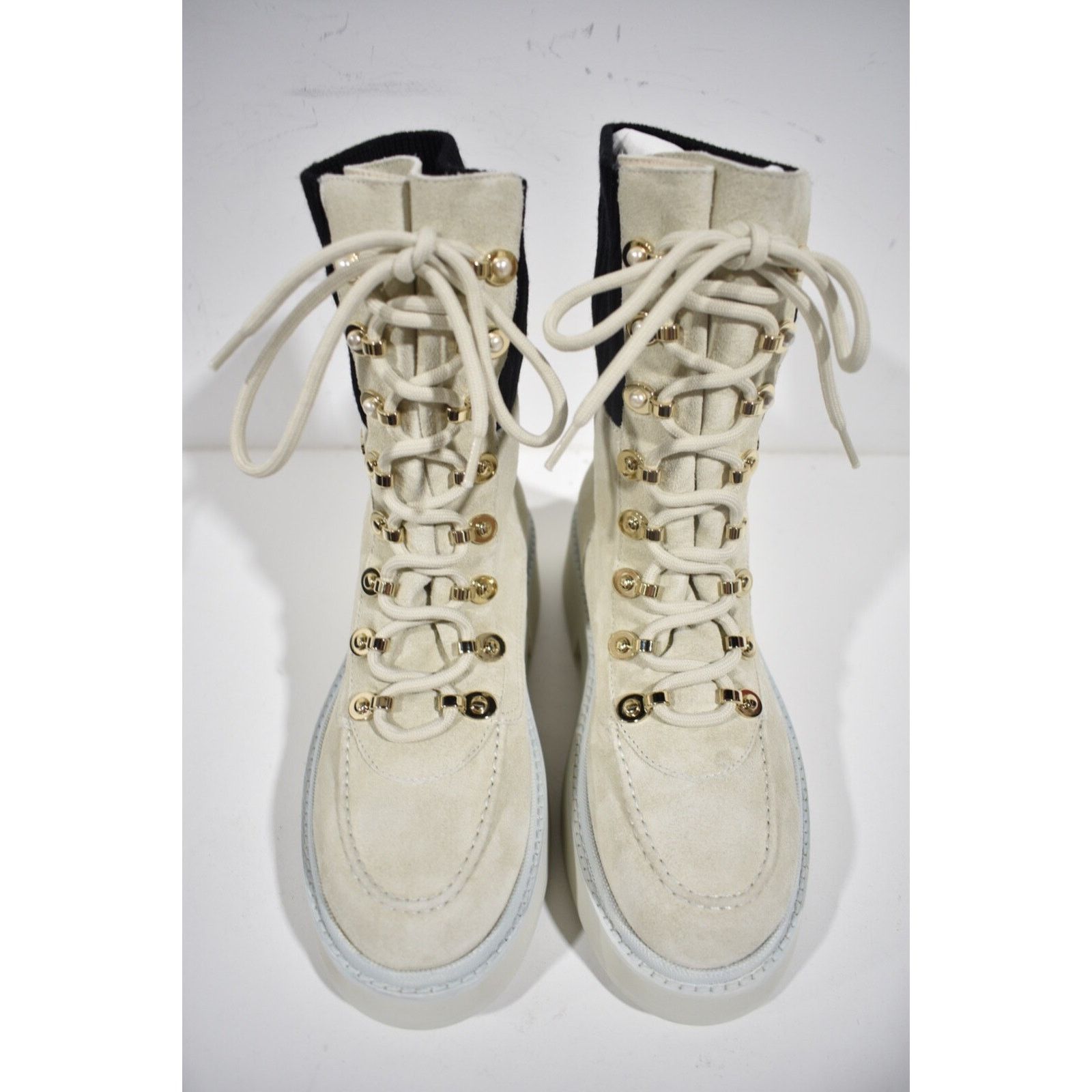 Chanel Chanel 21K Ivory Suede Black CC Platform Combat Lace Up Size US 7 / IT 37 - 9 Thumbnail