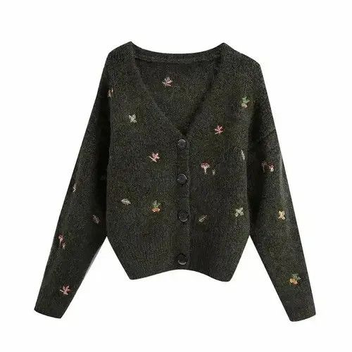 Vintage women Vintage knit cardigan with embroidery Long sleeves Size ONE SIZE - 5 Thumbnail