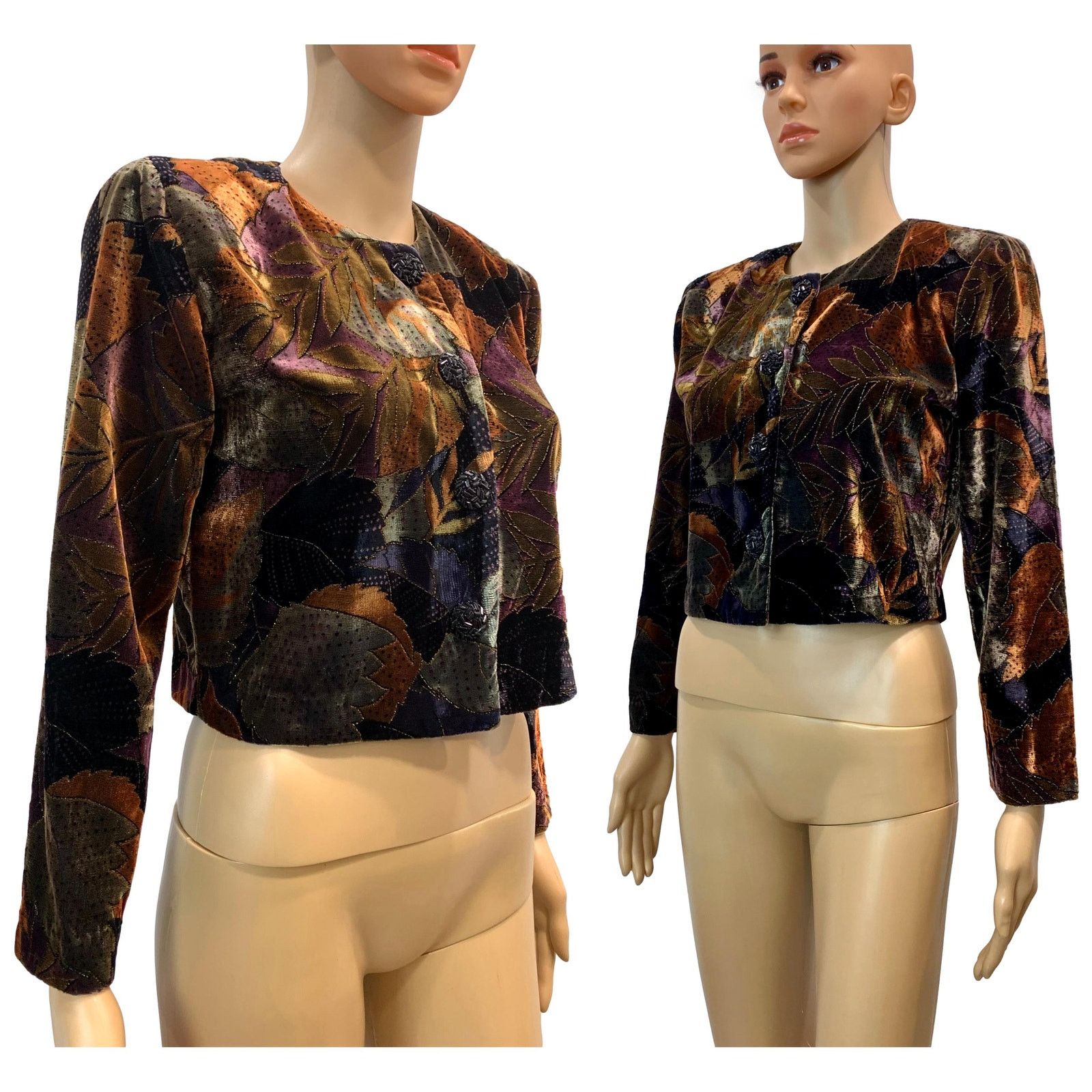 Vintage 80s Cropped Painted Velvet Jacket | Metallic Brown Purple Size S / US 4 / IT 40 - 4 Thumbnail