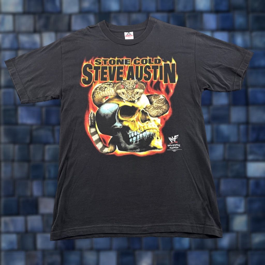 AAA VINTAGE WWF 2000 Stone Cold Steve Austin Double Sided Y2K 00s T-Shirt L Black Skull Flames Size US L / EU 52-54 / 3 - 1 Thumbnail