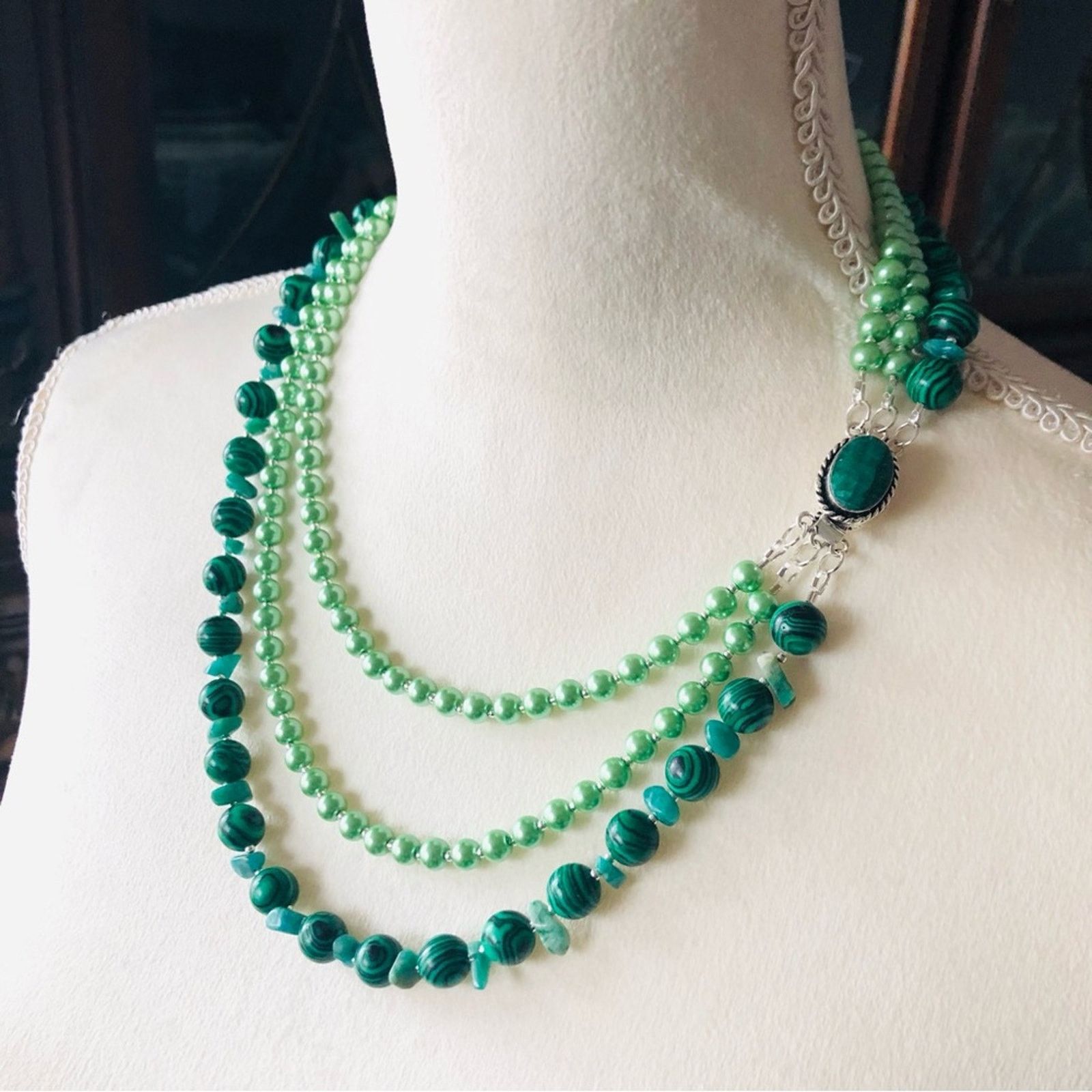 Handmade Handcrafted malachite Czech glass genuine emerald necklace Size ONE SIZE - 1 Thumbnail