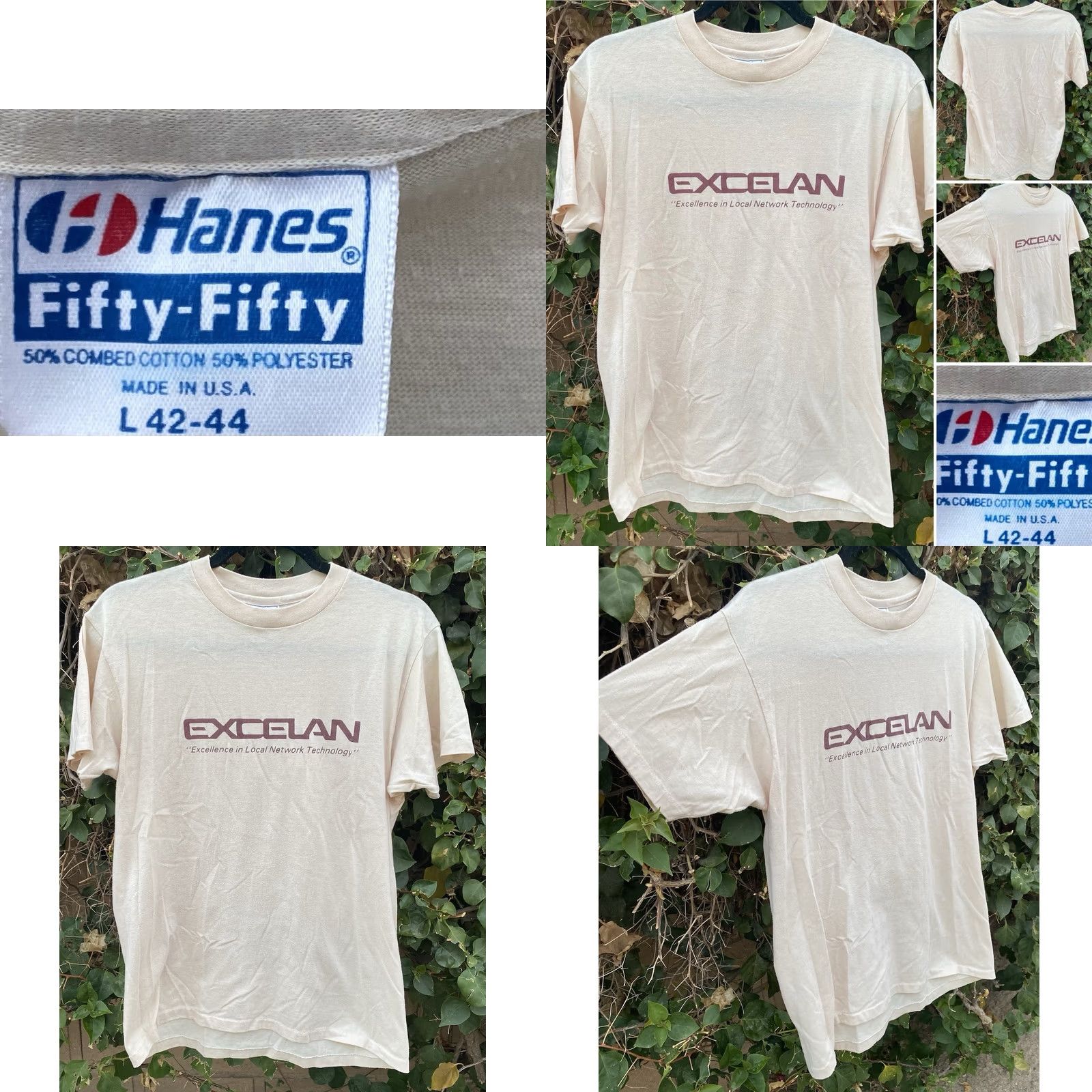 Hanes VINTAGE Hanes T-Shirt Beige 80s Nerd Graphic Print Excelan Excellence In Local Network Technology Men L Adults Short Sleeve Cotton Blend Size US L / EU 52-54 / 3 - 8 Thumbnail