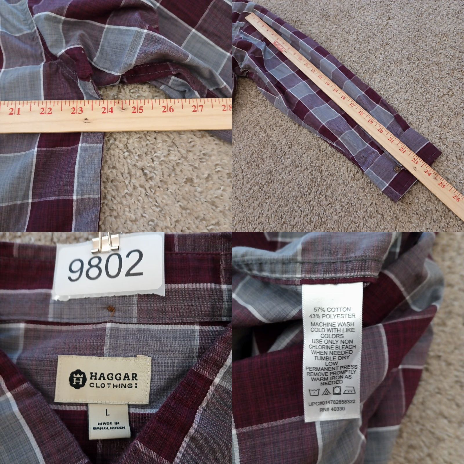 Haggar Haggar Shirt Mens Large Purple Plaid Long Sleeve Button Down Cotton Blend Size US L / EU 52-54 / 3 - 8 Thumbnail