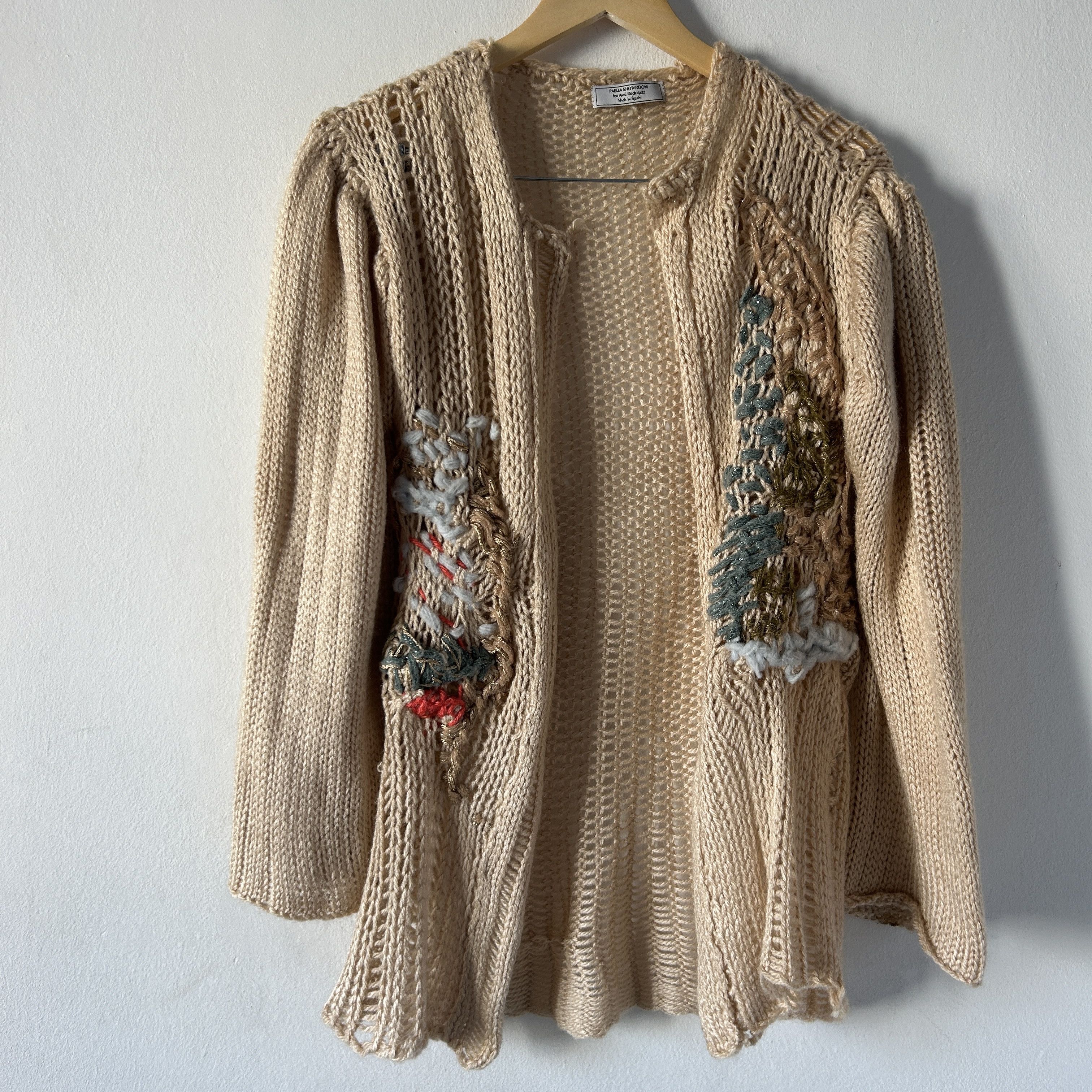 Designer × Handmade Hand knitted crochet tapestry beige open cardigan Size S / US 4 / IT 40 - 7 Thumbnail