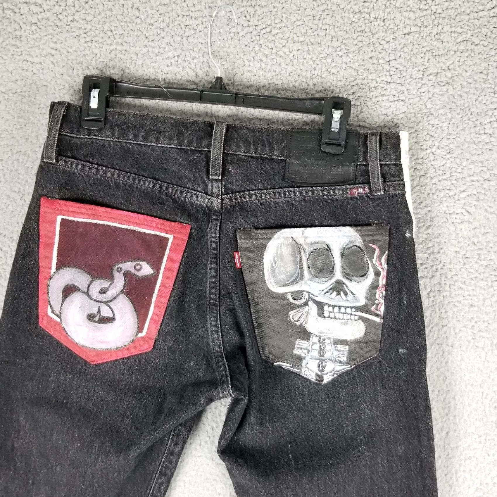 Levi's LEVI'S 512 Jeans 32X26 Slim Distressed Premium Big E Skull Snake Art 5-Pocket Leather Belt Loops Black Denim Unisex Adults Jeans Size US 32 / EU 48 - 2 Thumbnail