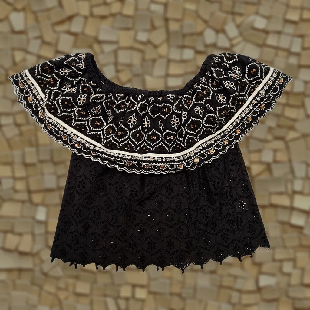 Hemant & Nandita Hemant & Nandita Blouse Womens Off The Shoulder Black Large Top Short Sleeve Satin Crochet Lace Embroidered 100% Cotton Size L / US 10 / IT 46 - 1 Thumbnail