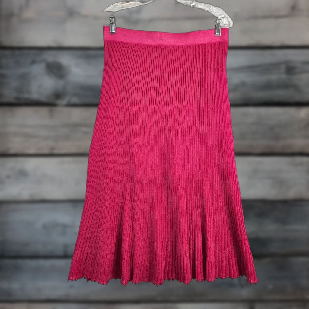 J.CREW Skirt Womens Ribbed Flare Midi Solid Pink Pull On Cotton Blend Large Happy Spring Summer Womens Mens