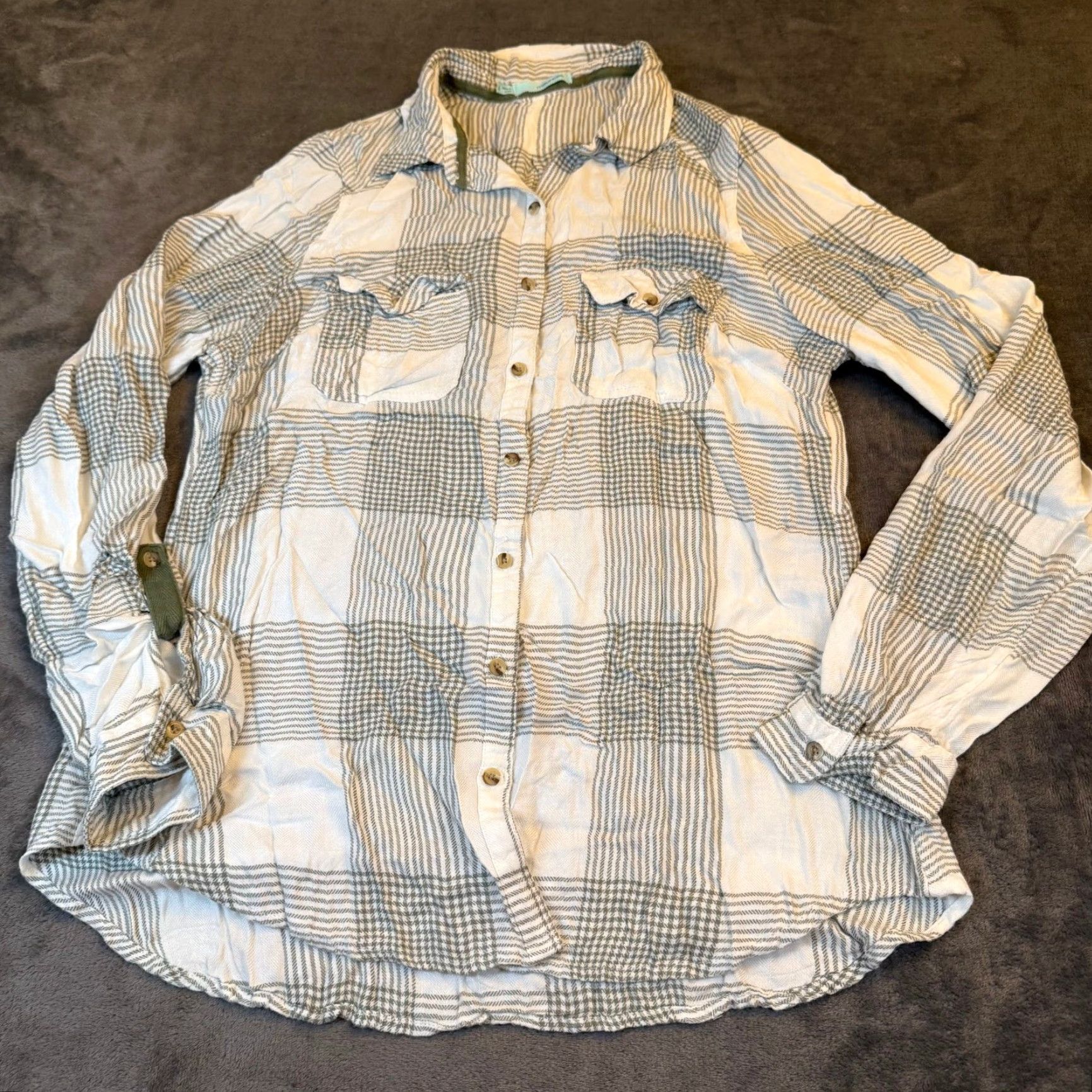 Vintage Maurices Plaid Button-Down Shirt Womens Large White Green Roll Tab Sleeve Casual Pockets Button-Up Rayon Classic Preppy Knit? Size L / US 10 / IT 46 - 3 Thumbnail