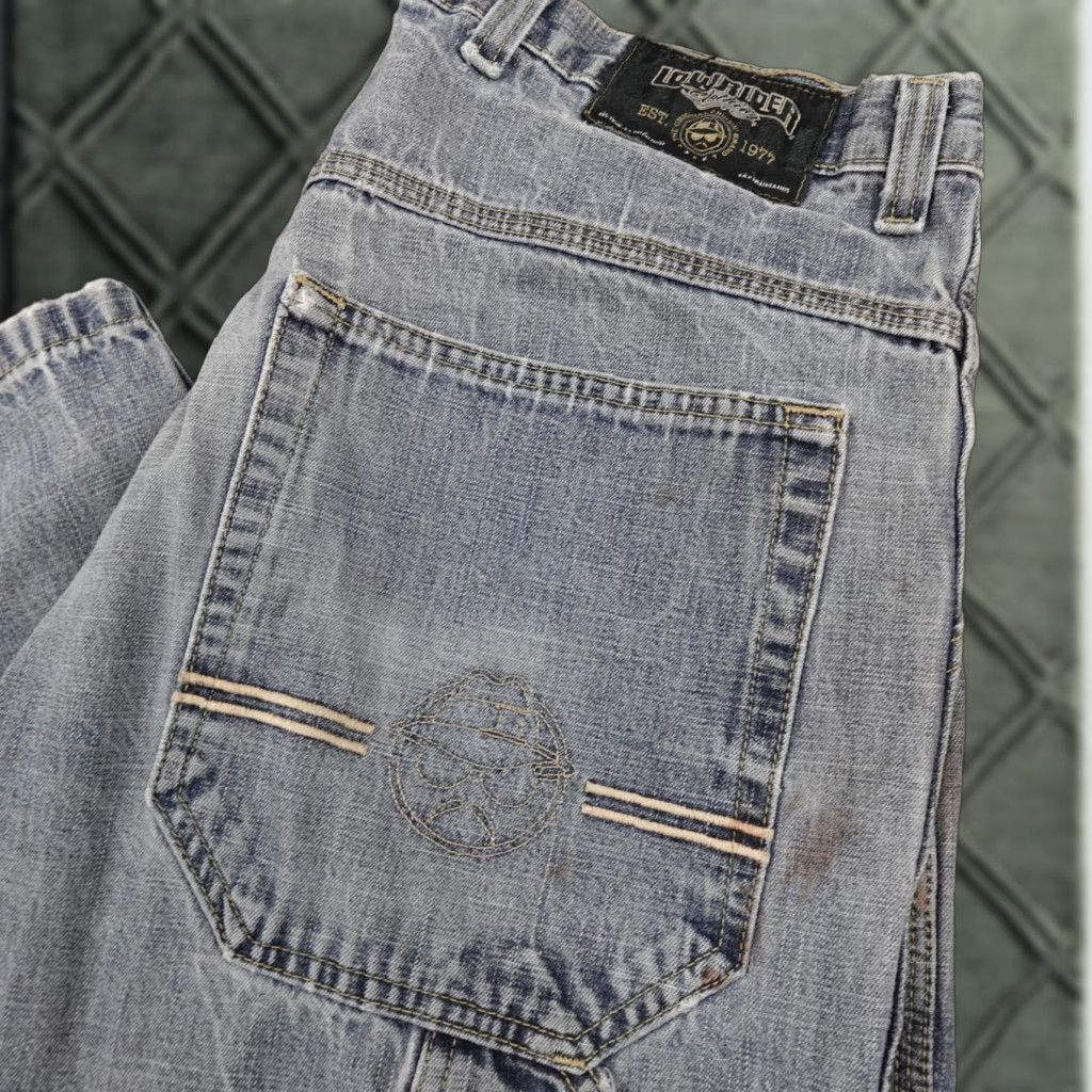Lowrider Jeans Mens 36x29 Light Wash Denim Baggy Wide Leg Embroidered Cholo