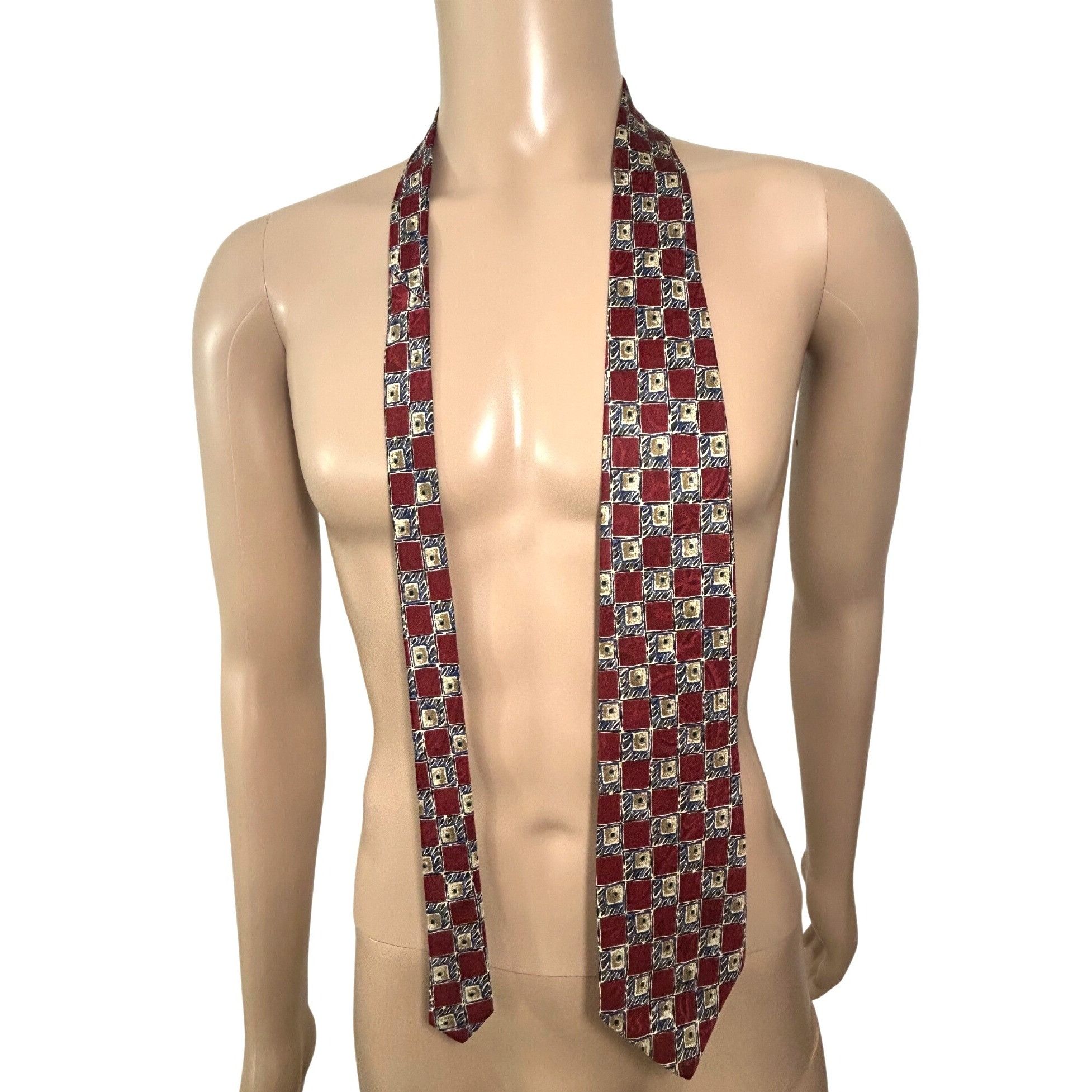 Other Today’s Man Silk Tie Vtg 90s Italy Geometric Checkered Burgu Size ONE SIZE - 7 Thumbnail