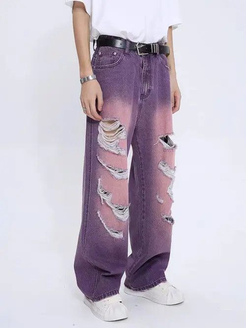 Jean Akiyama x natsu Distressed Purple Wide Leg Denim Jeans Size US 34 / EU 50 - 8 Thumbnail