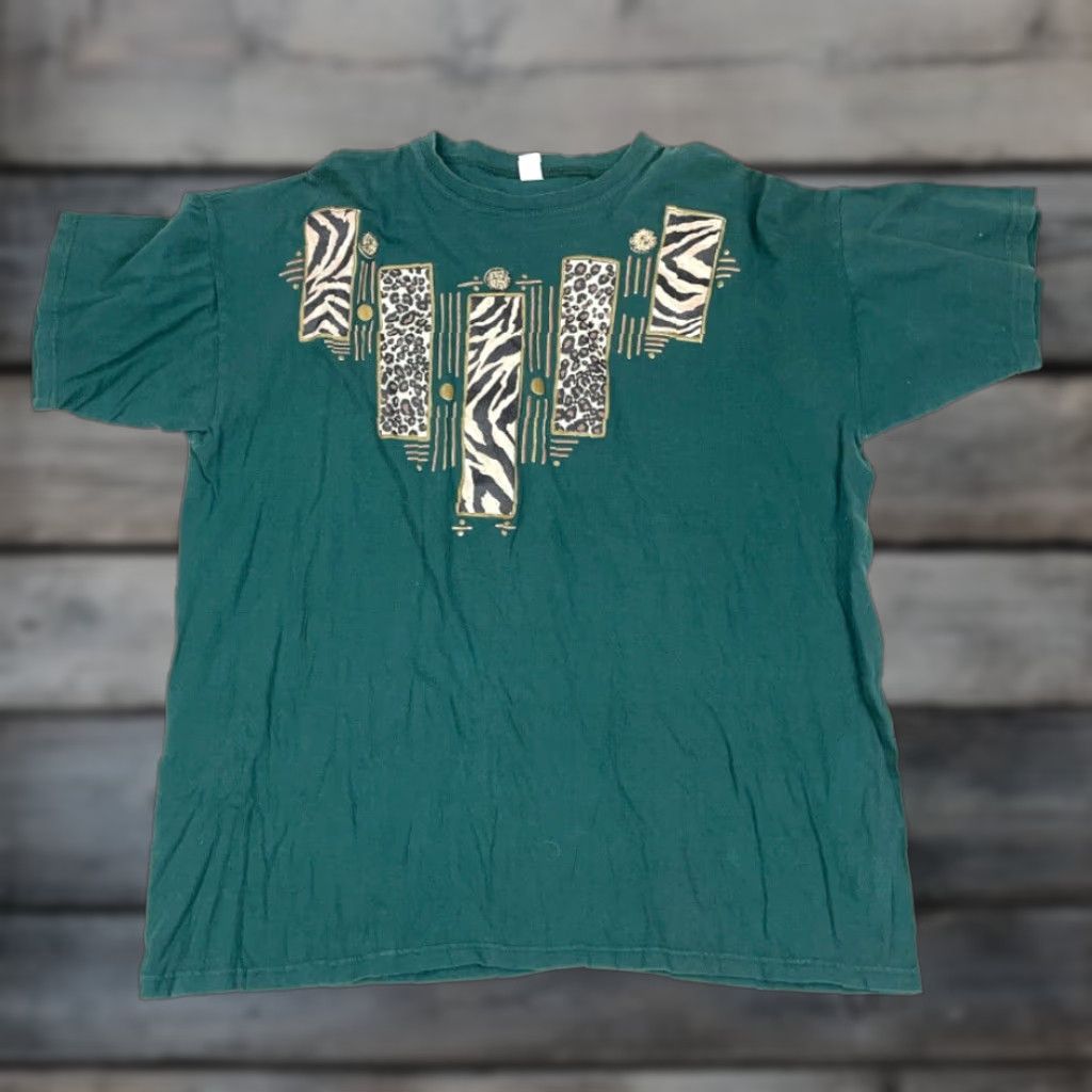Vintage VTG 90s Green Zebra Leopard Puff Print T-Shirt Adult 3XL Oversized Relaxed Fit Size XXL / US 16-18 / IT 52-54 - 1 Thumbnail