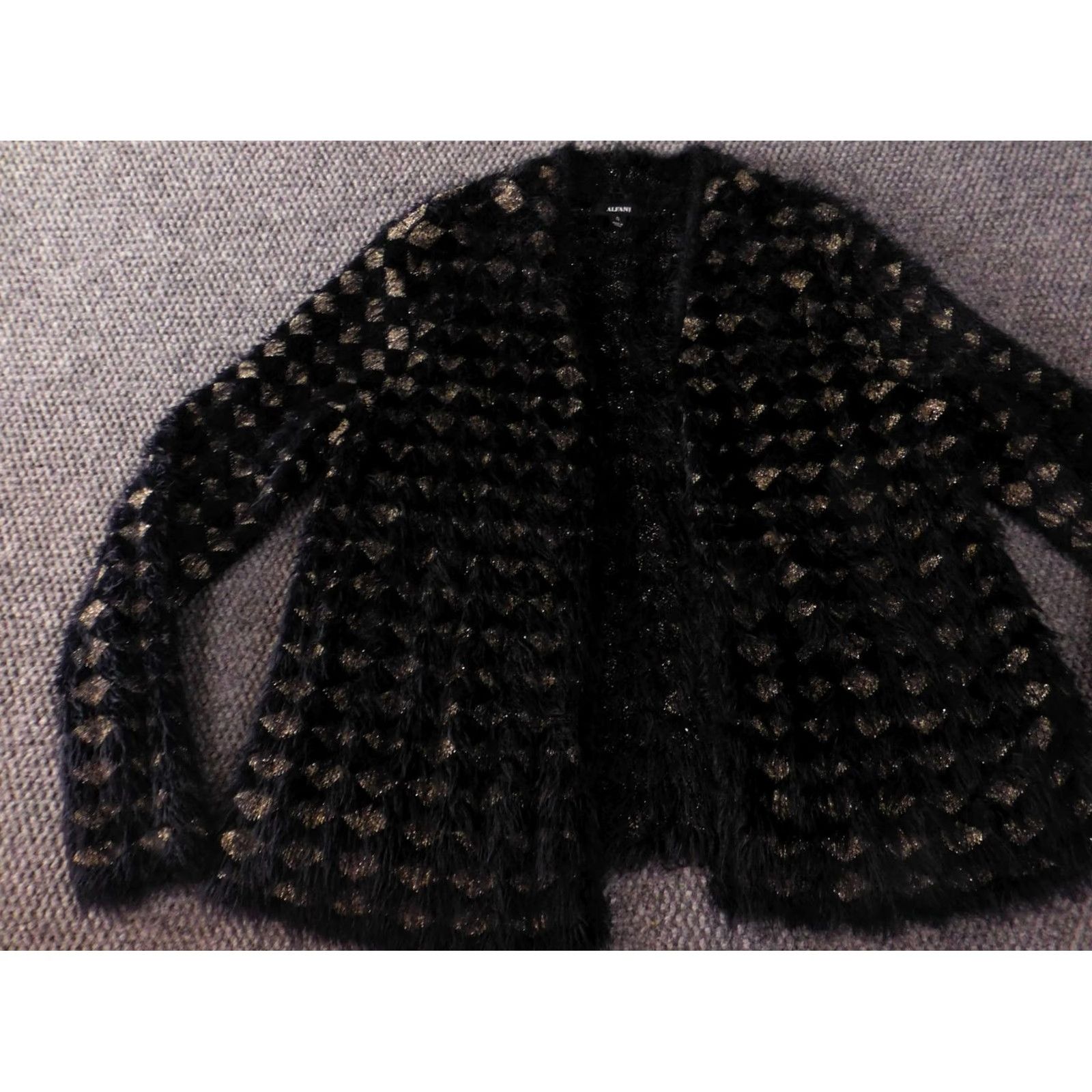 Alfani Alfani Womens Cardigan Sweater PL Petites Black Kimono Sleeve Mock Neck Stretch Knit Geometric Pattern Size L / US 10 / IT 46 - 3 Thumbnail