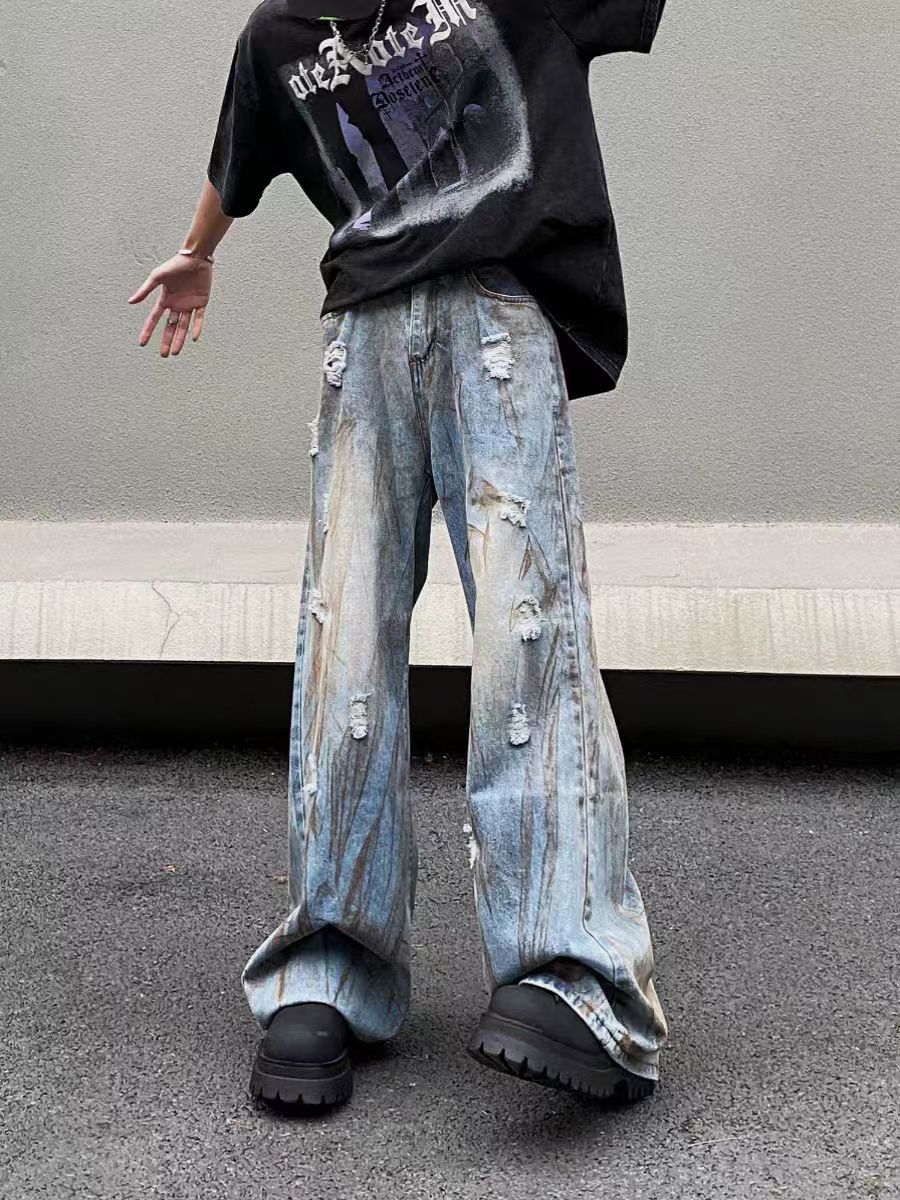 Designer × Jean × Vintage High Street Dirty Dye Washed Ripped Baggy Jeans Size US 34 / EU 50 - 2 Thumbnail