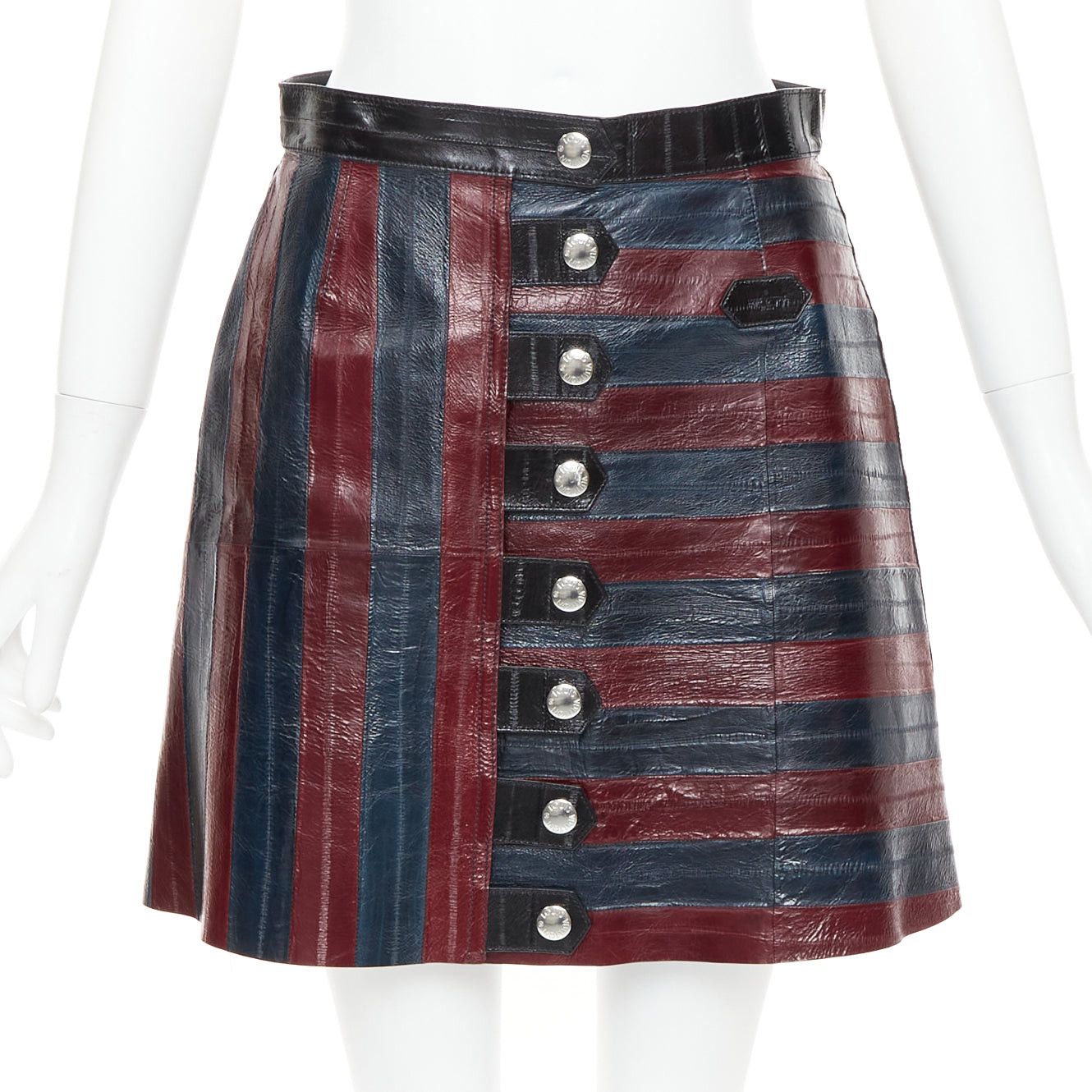 Louis Vuitton LOUIS VUITTON 2015 Runway burgundy navy eel leather patchwork skirt FR38 M Size 28" / US 6 / IT 42 - 1 Thumbnail