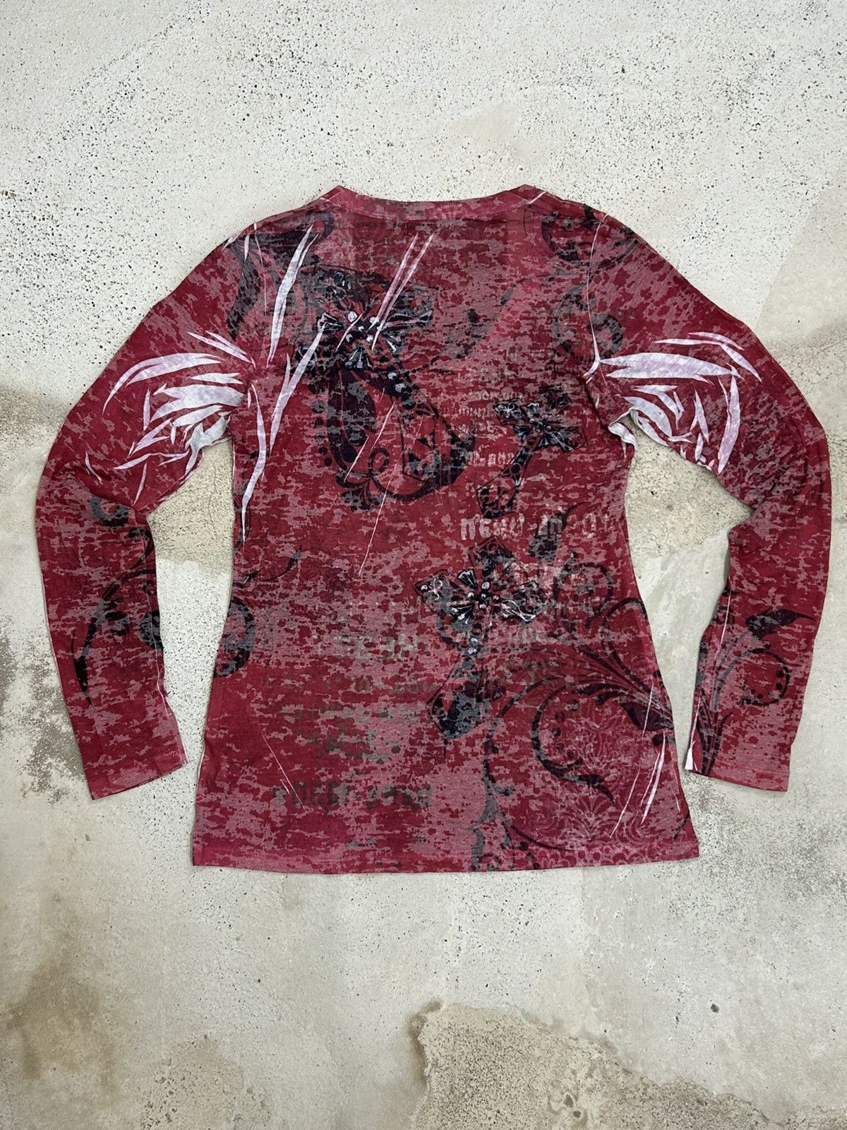 Designer × Japanese Brand Edgy Red L/ Sleeve Top –Distressed Print Angel Wing Graphics Size US XS / EU 42 / 0 - 10 Thumbnail