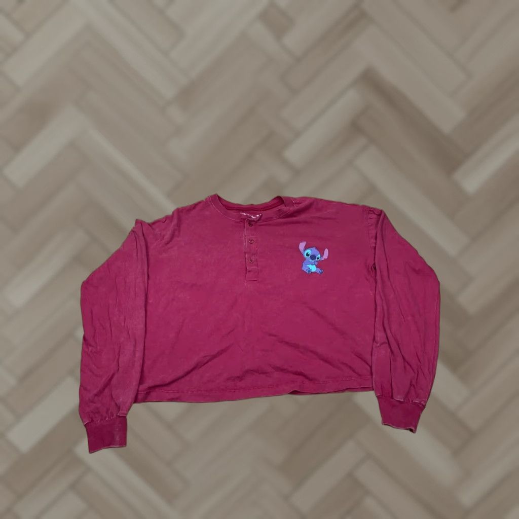 Disney Disney Stitch Henley Crop Top T-Shirt Women's Long Sleeve Small Pink Cropped Henley Stitch #6113 Size S / US 4 / IT 40 - 1 Thumbnail
