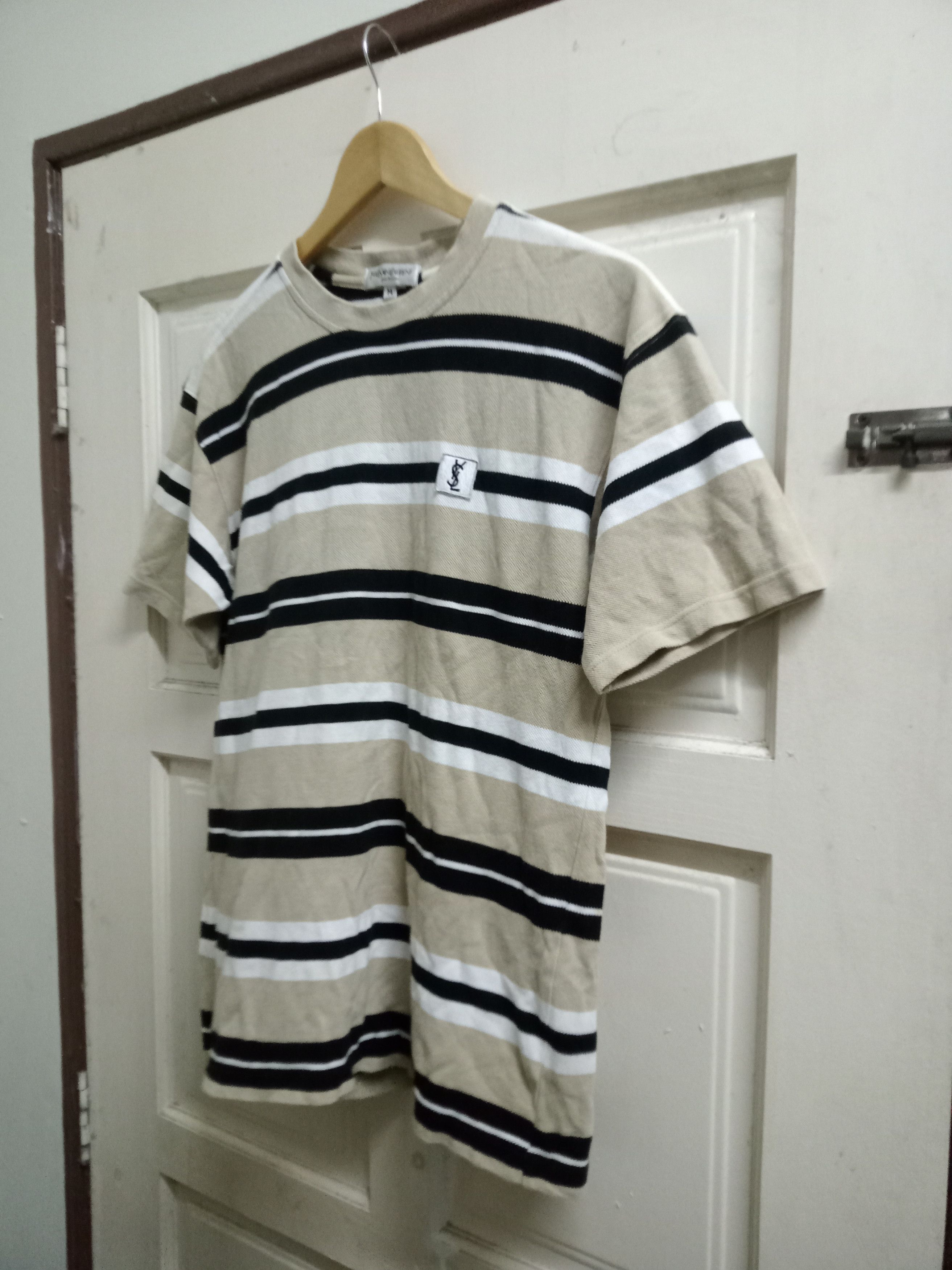 image of Saint Laurent Paris x YSL Pour Homme Stripe T-Shirt in Light Brown, Men's (Size Medium)